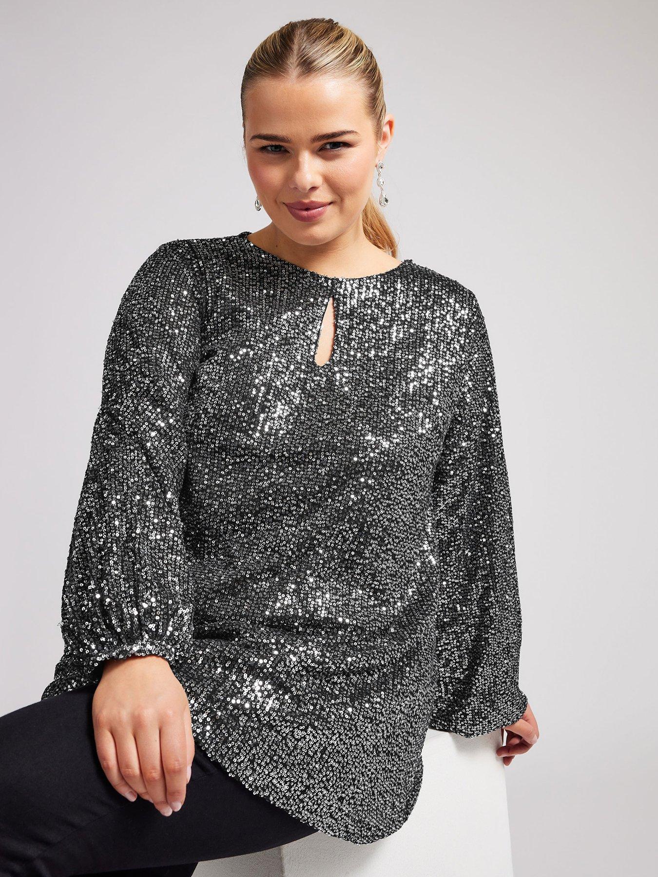 Yours Curve Sequin Keyhole Bellow Sleeve Top - Silver