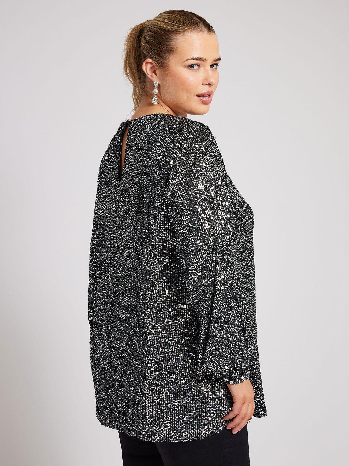 Image 2 of 4 of Yours Curve Sequin Keyhole Bellow Sleeve Top - Silver