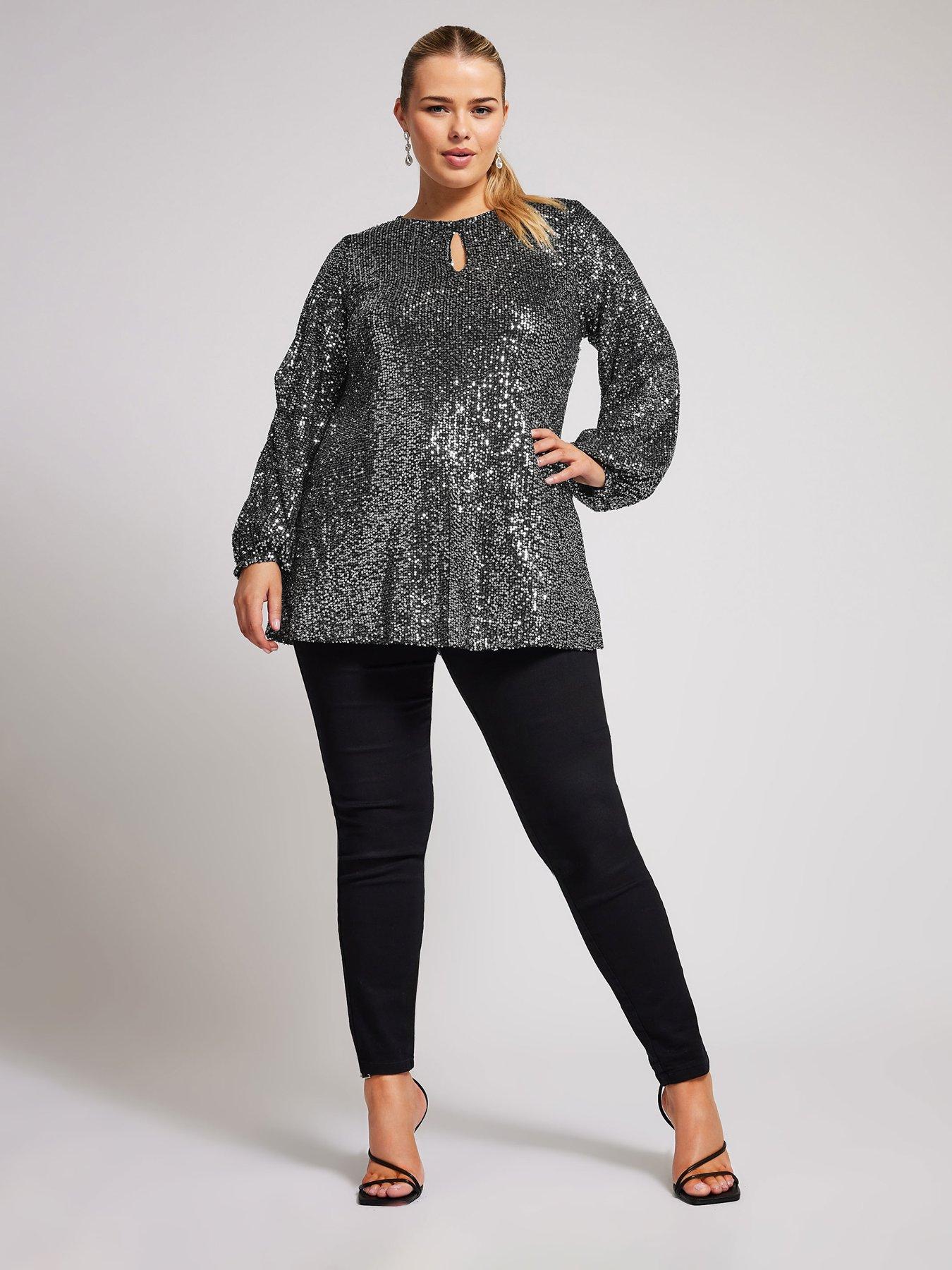 Image 3 of 4 of Yours Curve Sequin Keyhole Bellow Sleeve Top - Silver