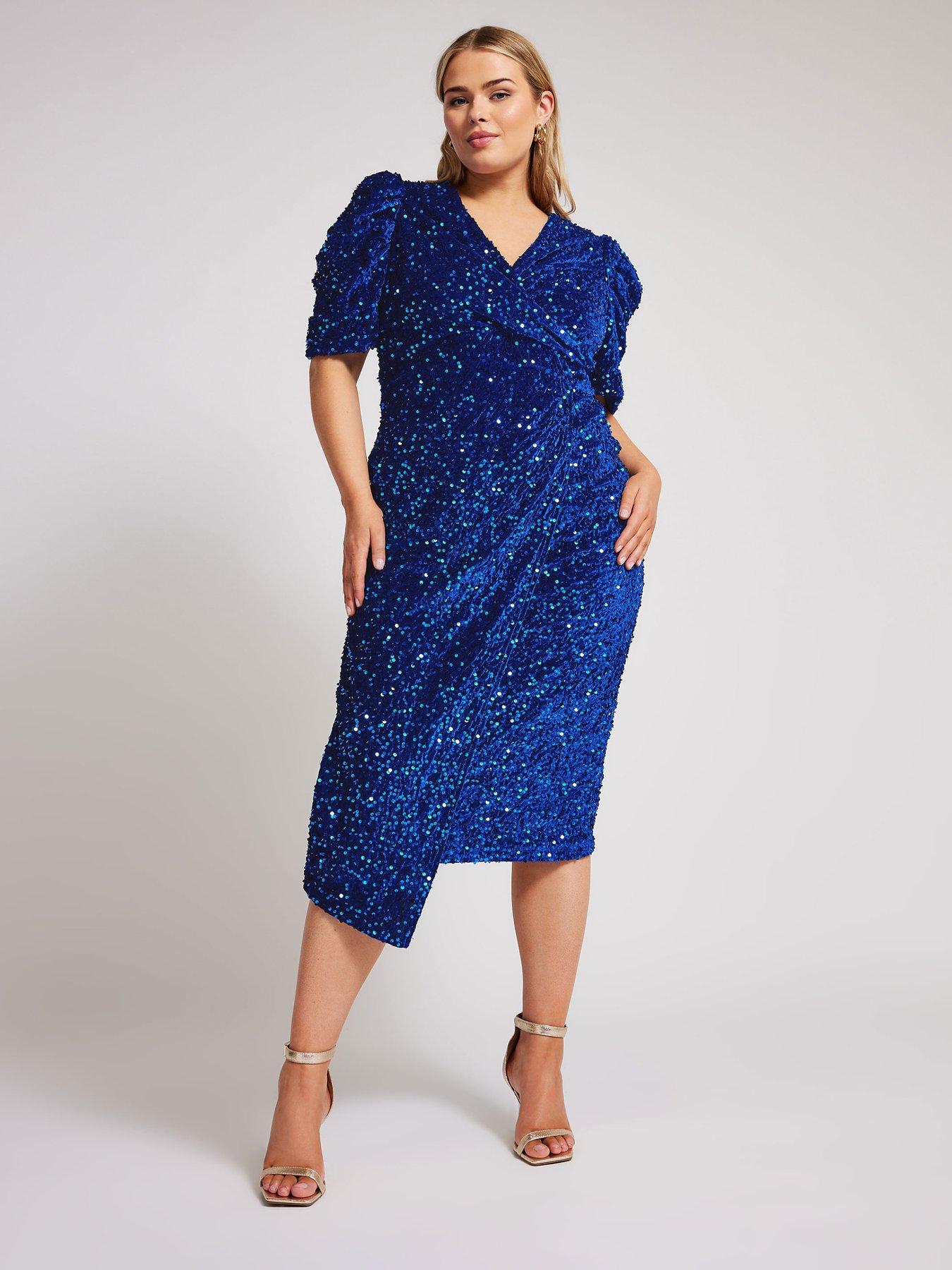 yours-curve-sequin-velvet-puff-sleeve-wrap-dress-blue