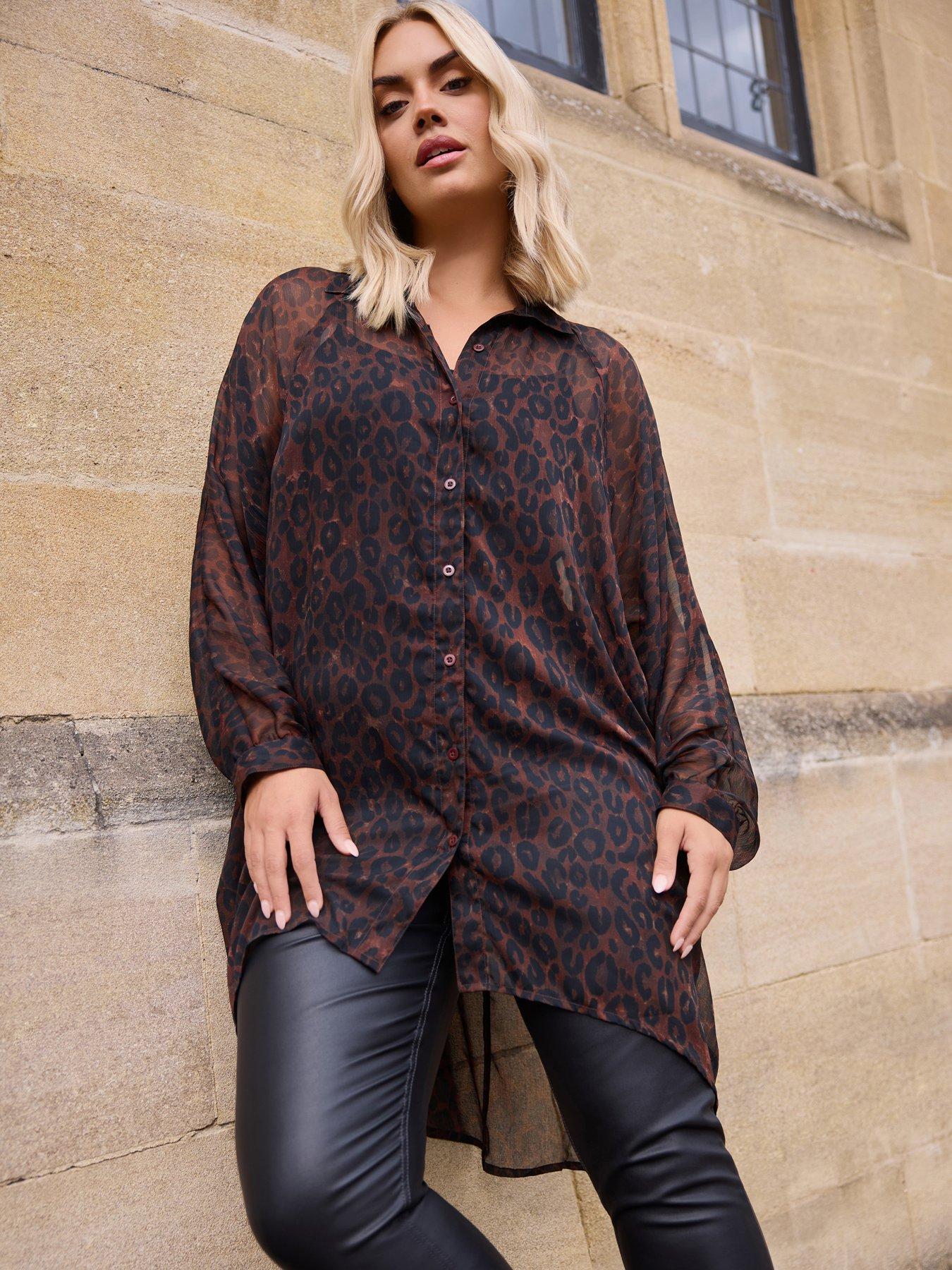 Image 1 of 4 of Yours Curve Extreme Dip Back Chiffon Shirt - Brown