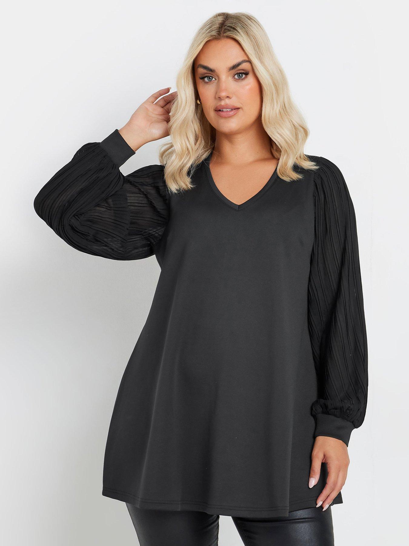 yours-curve-pleated-sleeve-v-neck-top-black