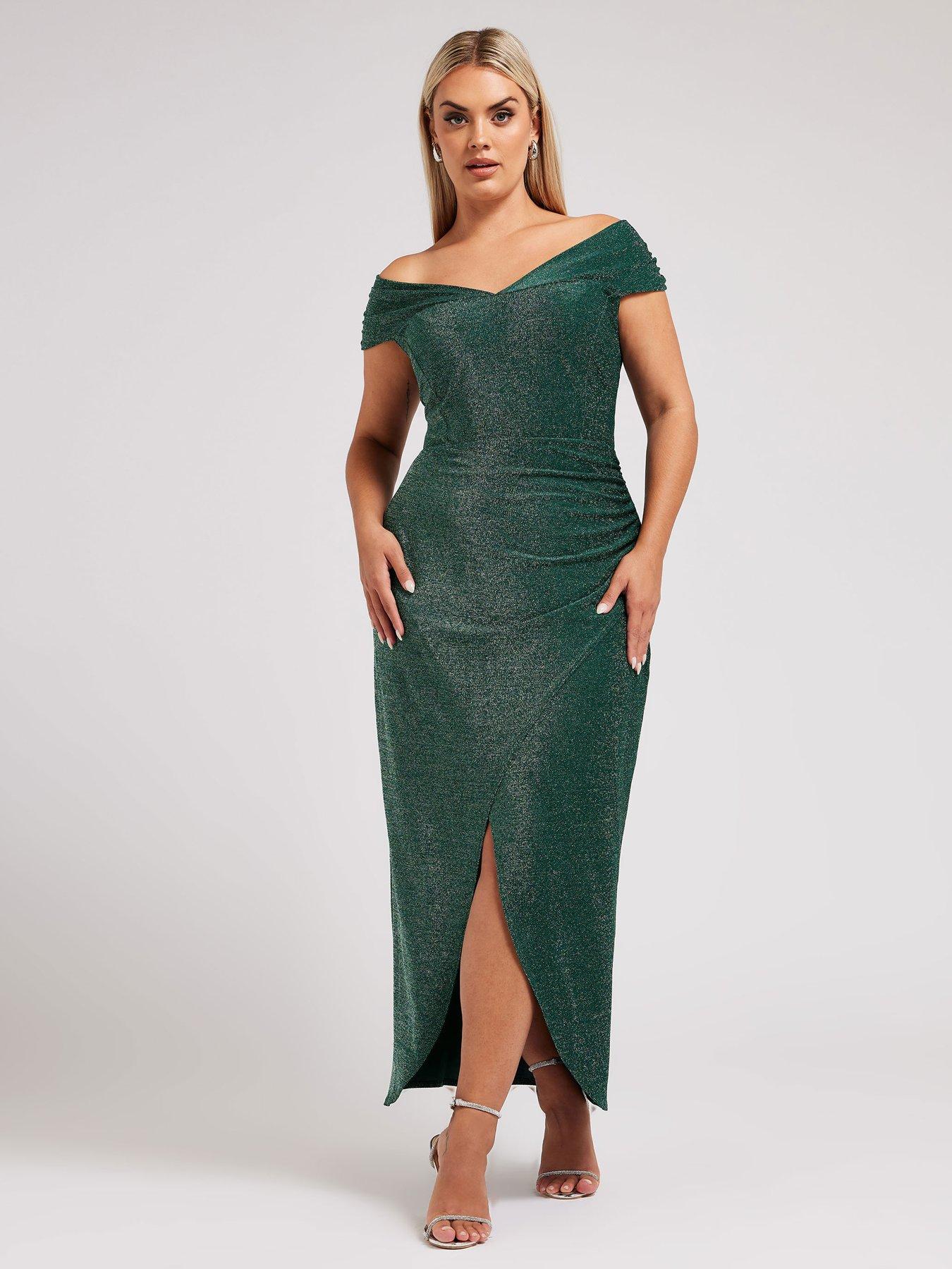 yours-curve-metallic-bardot-gathered-wrap-dress-green