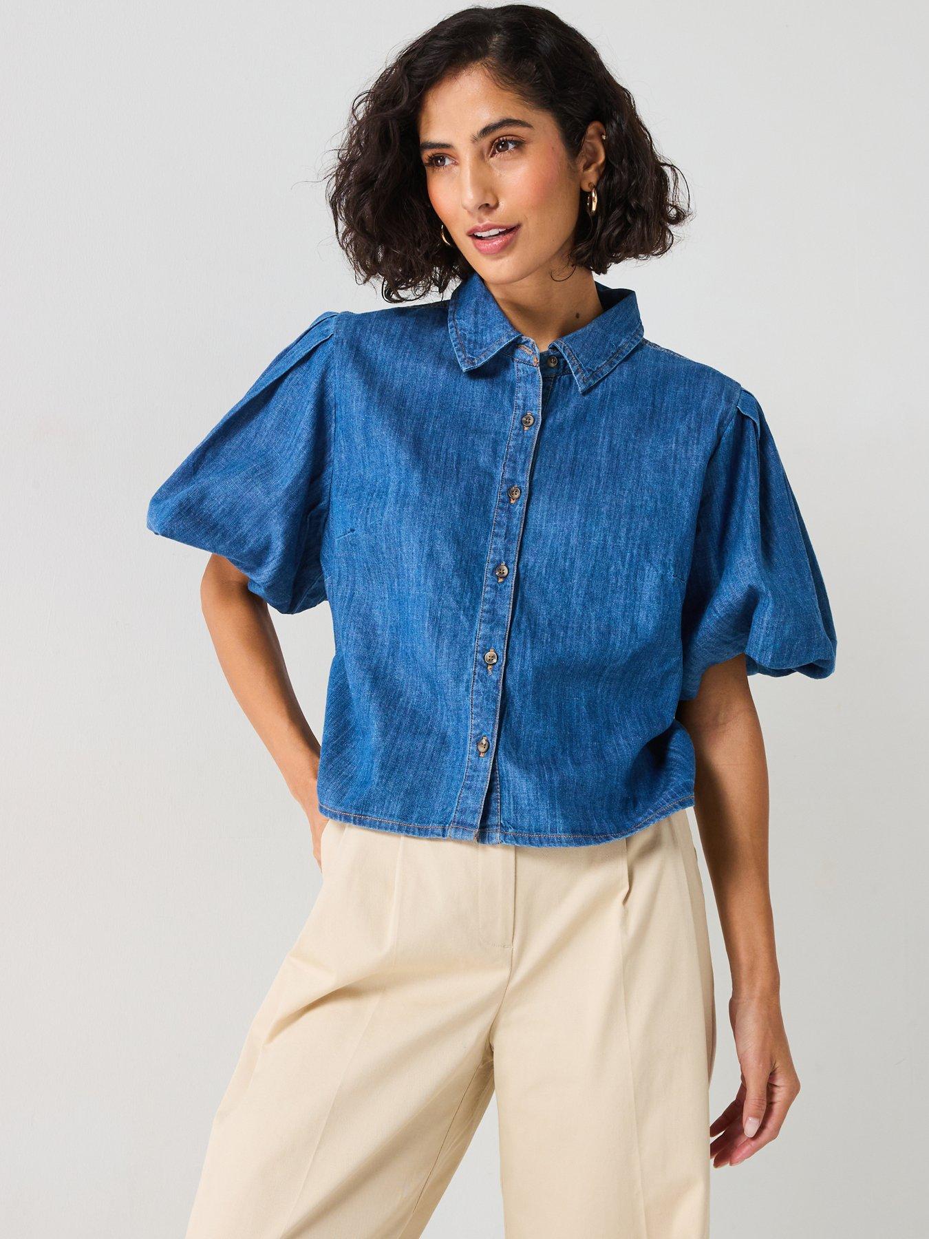 V by Very Bubble Sleeve Denim Shirt - Mid Wash