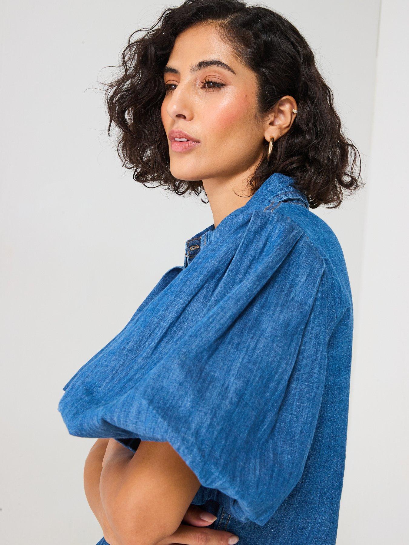 Image 4 of 6 of V by Very Bubble Sleeve Denim Shirt - Mid Wash