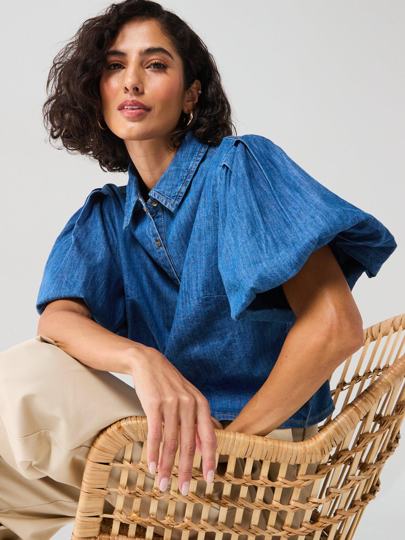 Image 5 of 6 of V by Very Bubble Sleeve Denim Shirt - Mid Wash