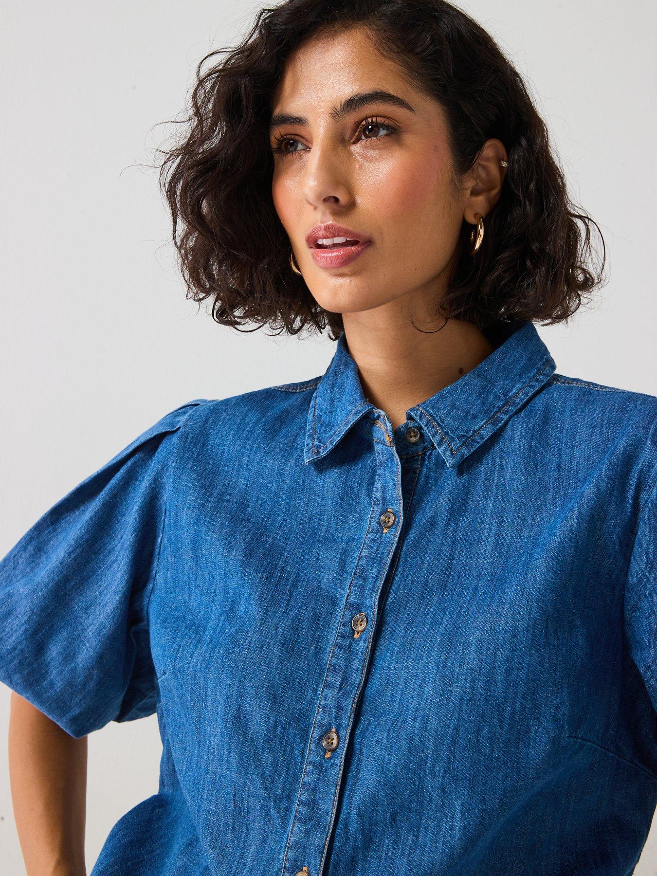 Image 6 of 6 of V by Very Bubble Sleeve Denim Shirt - Mid Wash