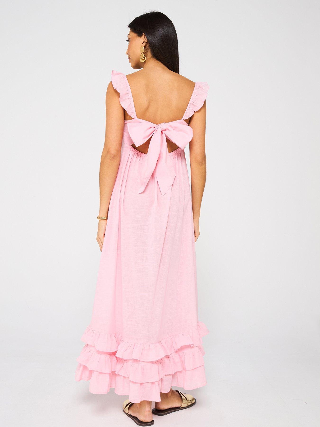 Image 1 of 6 of V by Very Frill Detail Maxi Beach Dress - Light Pink