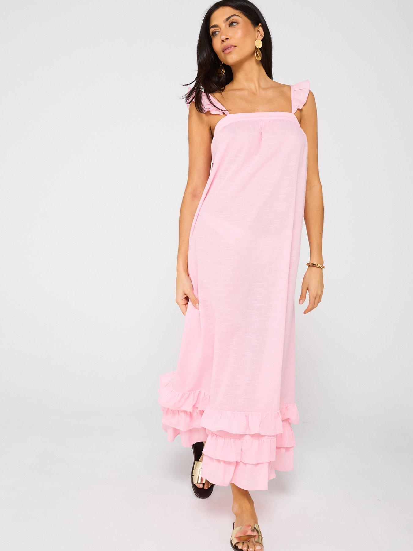 Image 2 of 6 of V by Very Frill Detail Maxi Beach Dress - Light Pink