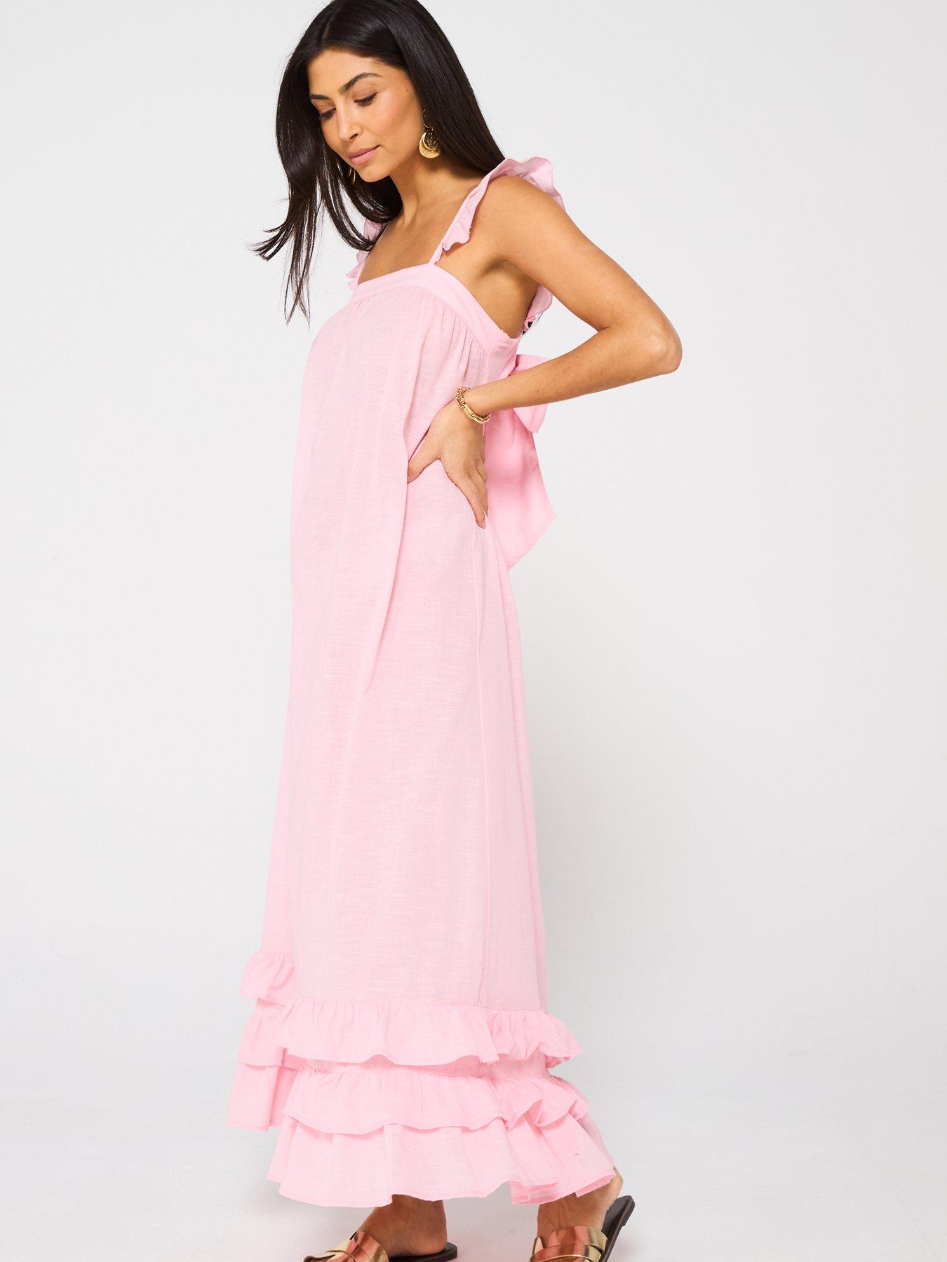 Image 3 of 6 of V by Very Frill Detail Maxi Beach Dress - Light Pink