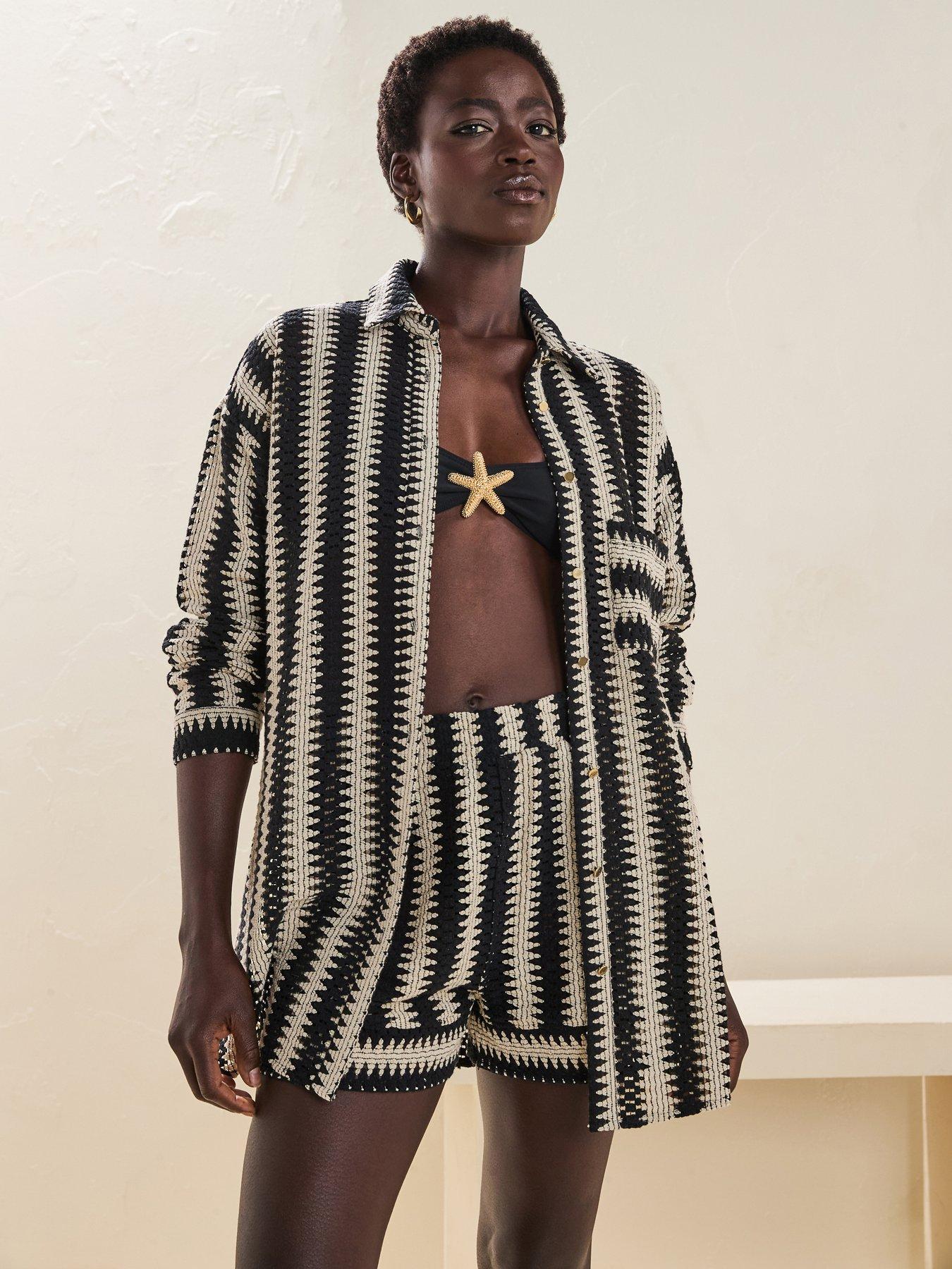 Image 1 of 6 of V by Very Crochet Open Beach Co Ord Shirt - Black/cream