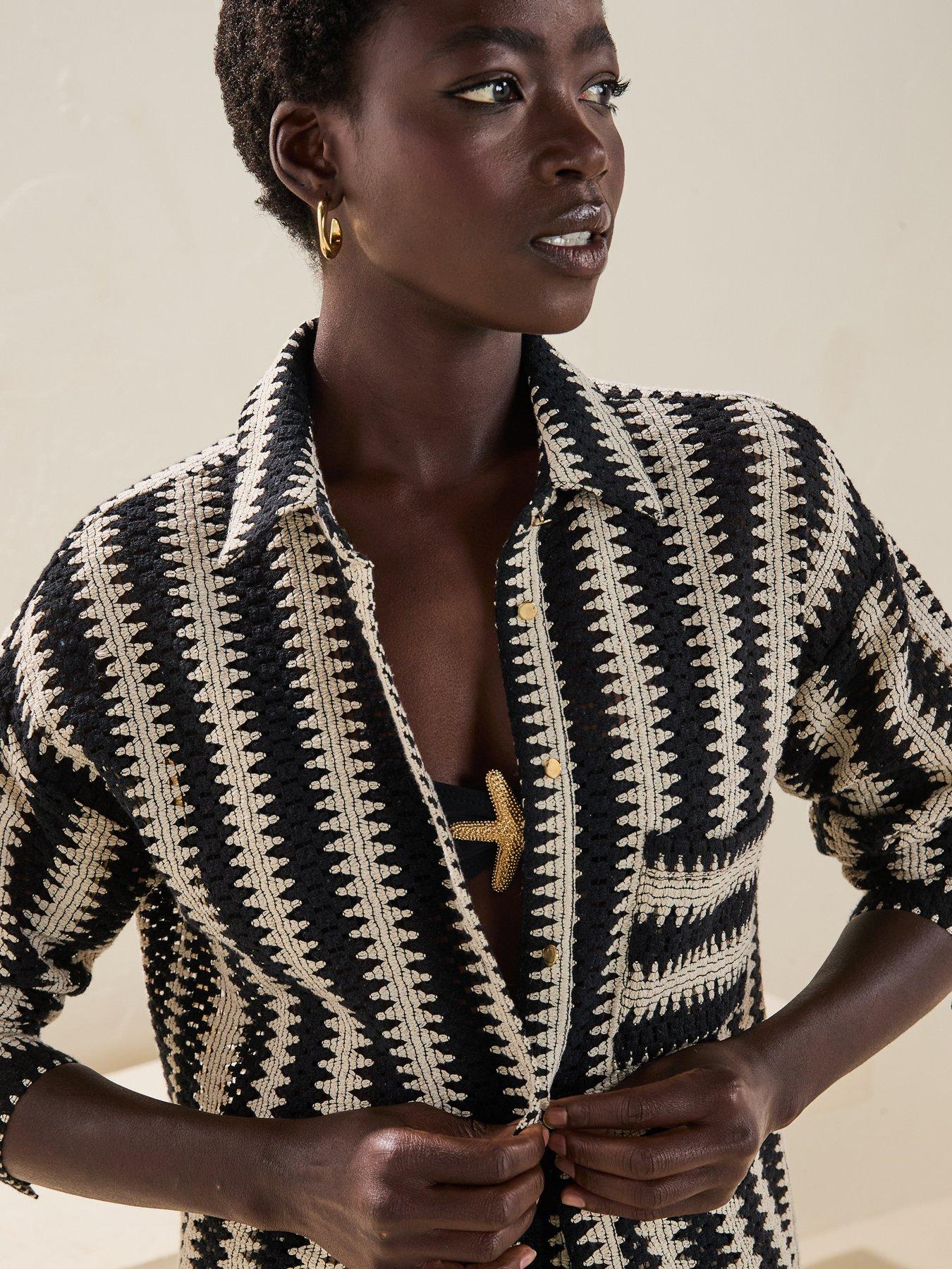 Image 6 of 6 of V by Very Crochet Open Beach Co Ord Shirt - Black/cream