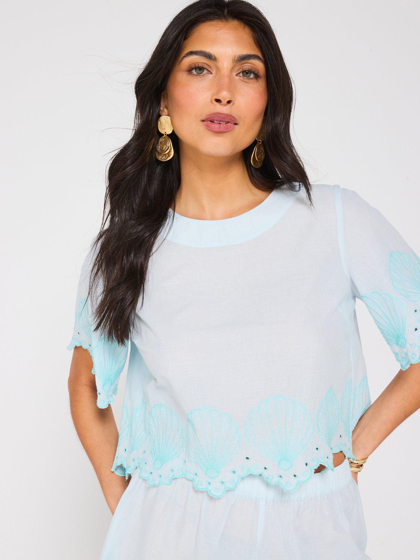 Image 1 of 4 of V by Very Shell Embroidered Hem Top - Blue
