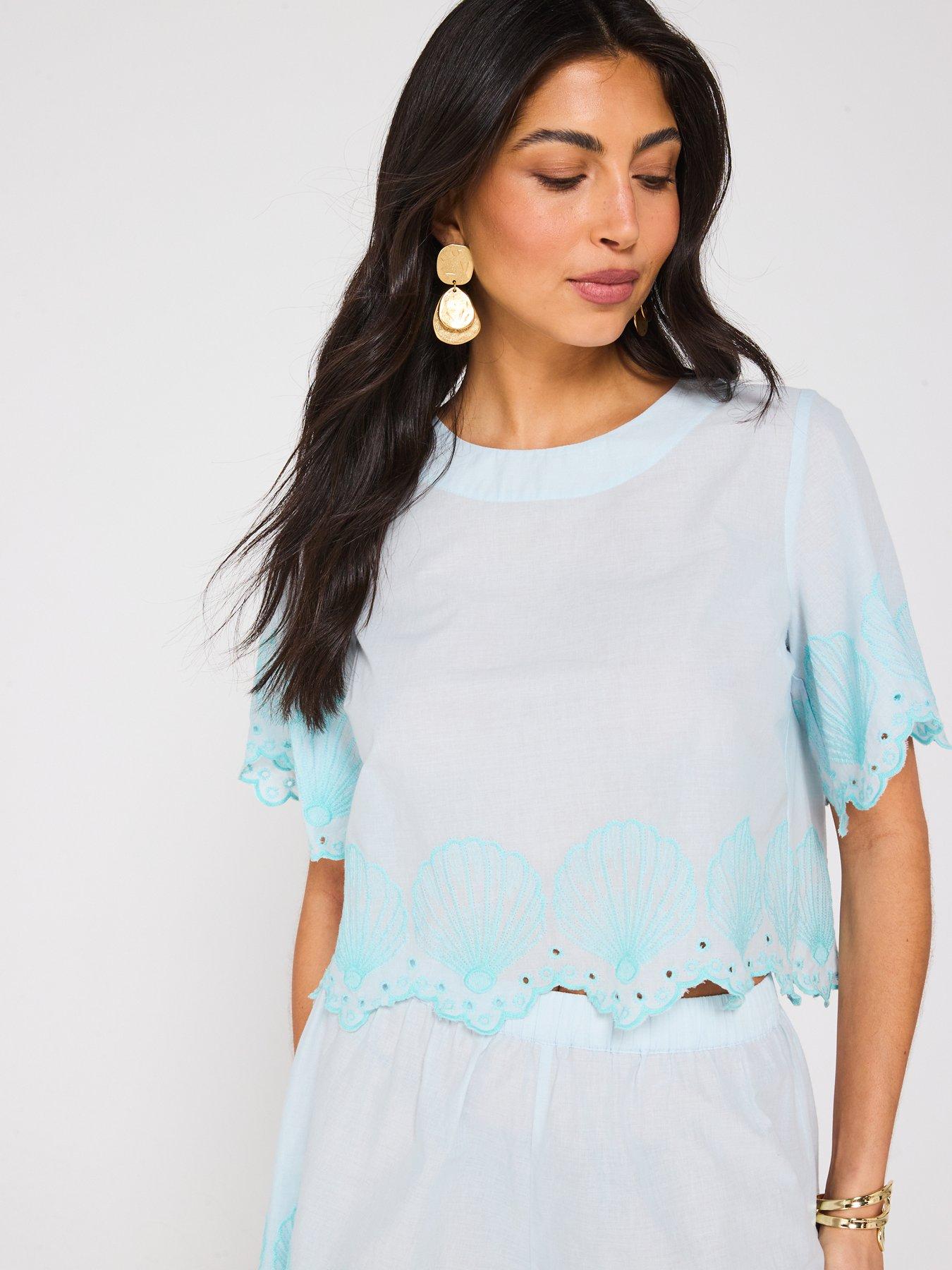 Image 4 of 4 of V by Very Shell Embroidered Hem Top - Blue