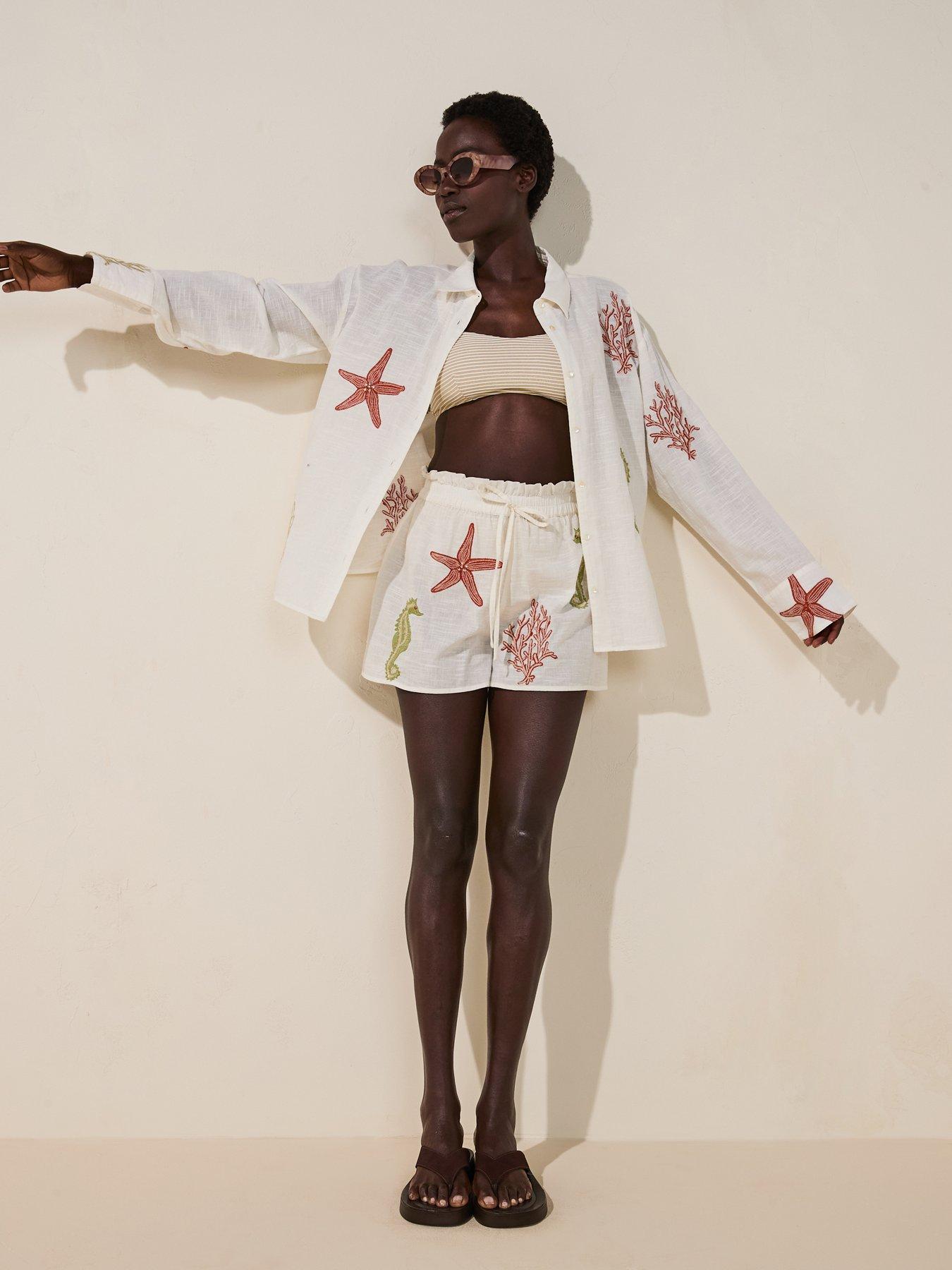 Image 3 of 6 of V by Very Sea Embroidered Co Ord Beach Shirt - Cream