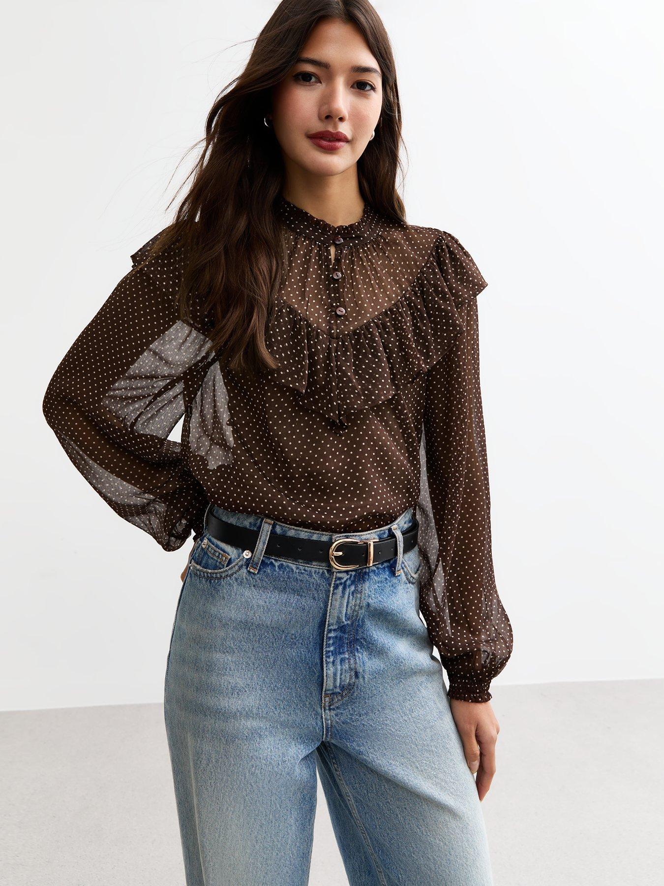 new-look-polka-dot-frilly-trim-chiffon-blouse-brownprint