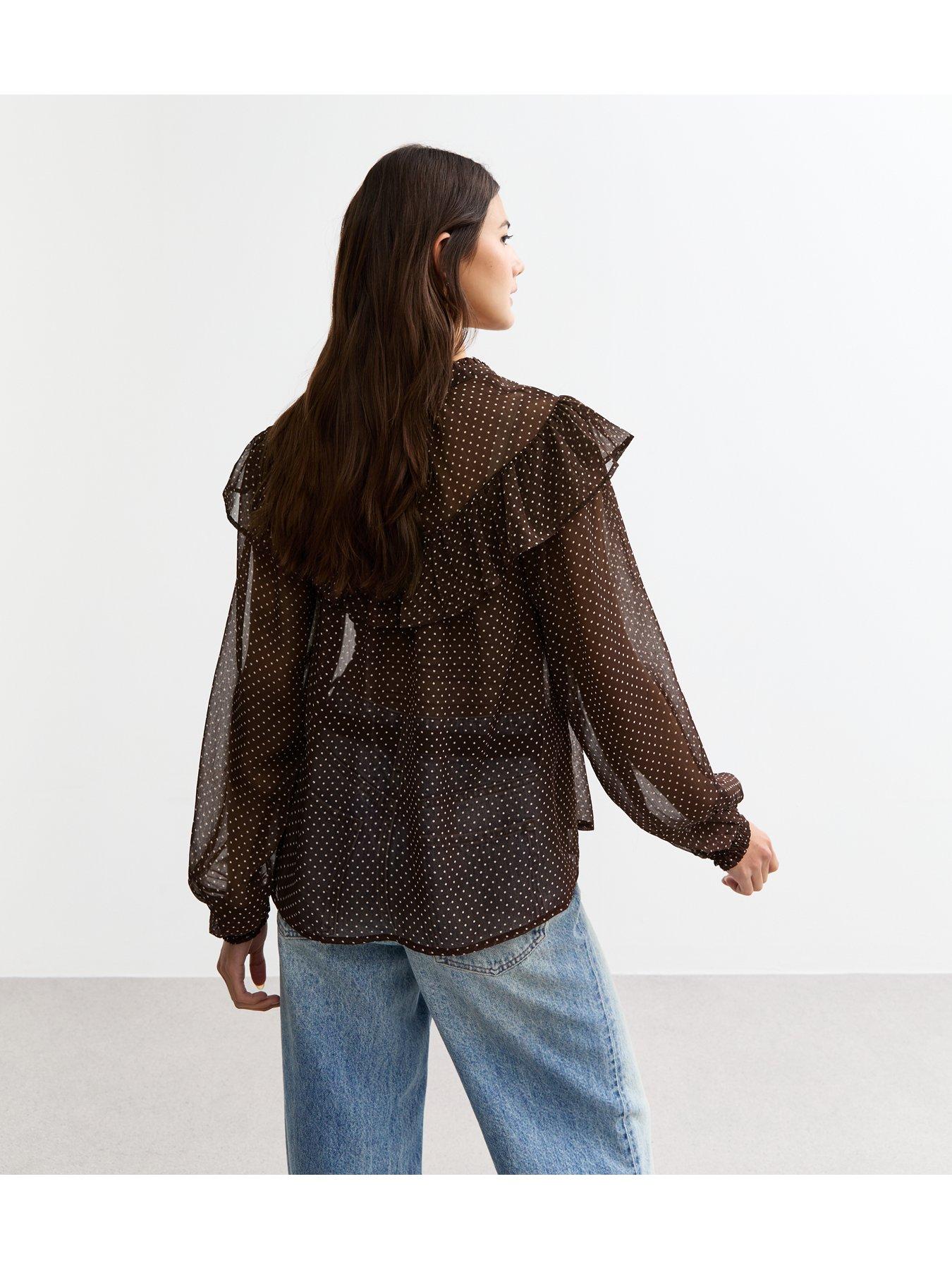 new-look-polka-dot-frilly-trim-chiffon-blouse-brownprintstillFront