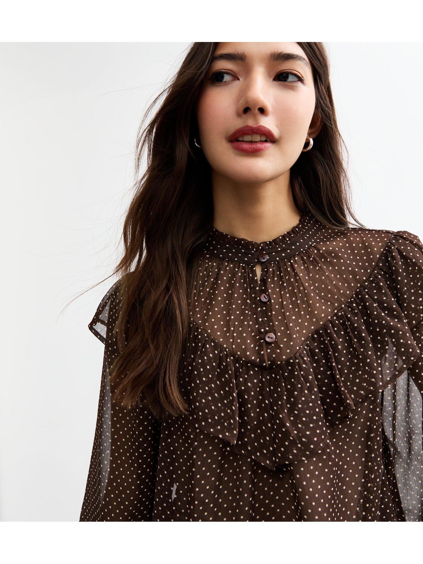 new-look-polka-dot-frilly-trim-chiffon-blouse-brownprintoutfit