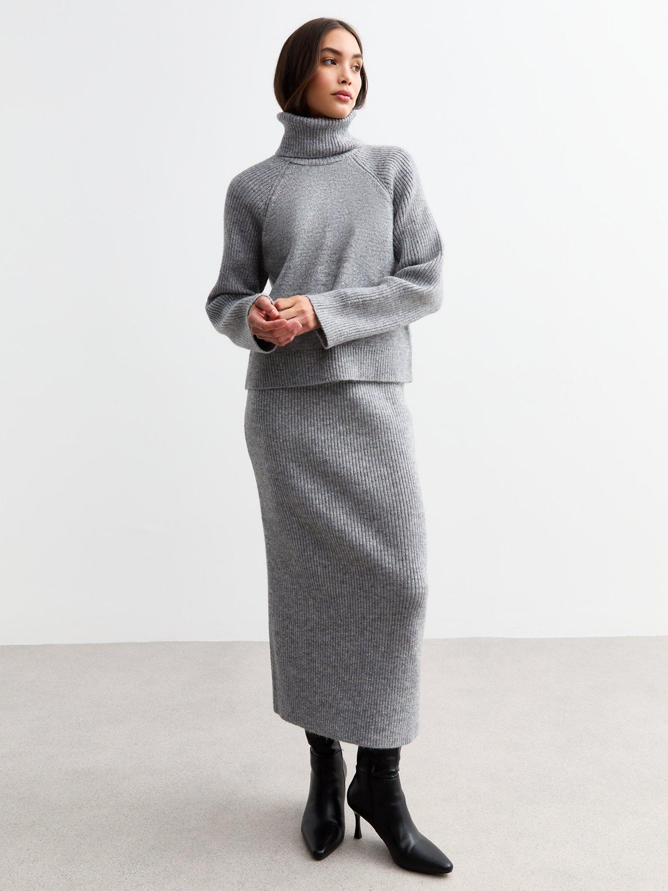 undefined Rib Knitted Sparkly Midi Skirt - Grey