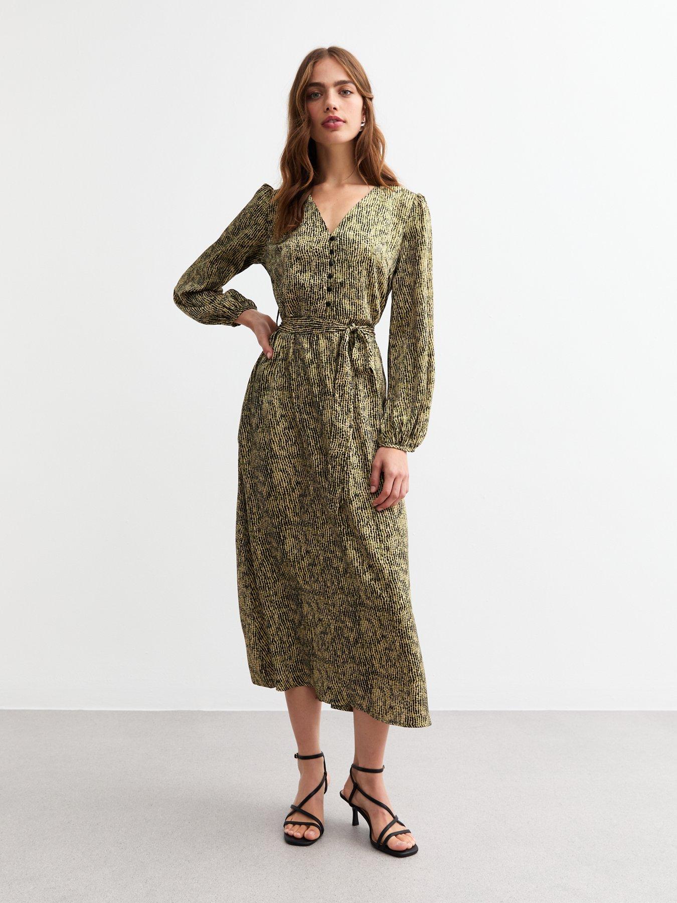New Look Pattern Satin Midi Dress - Green/Print
