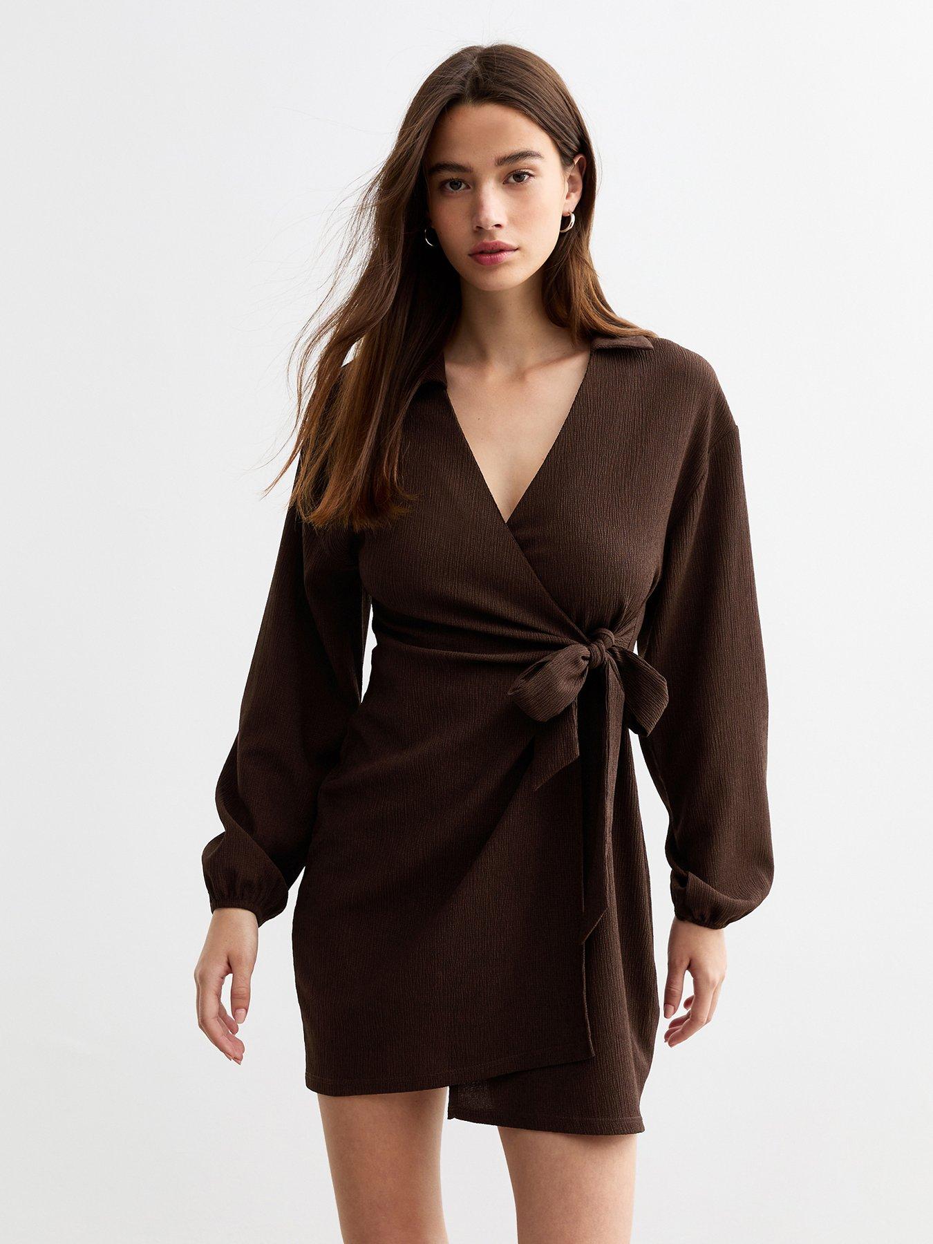 new-look-collar-wrap-mini-dress-brown