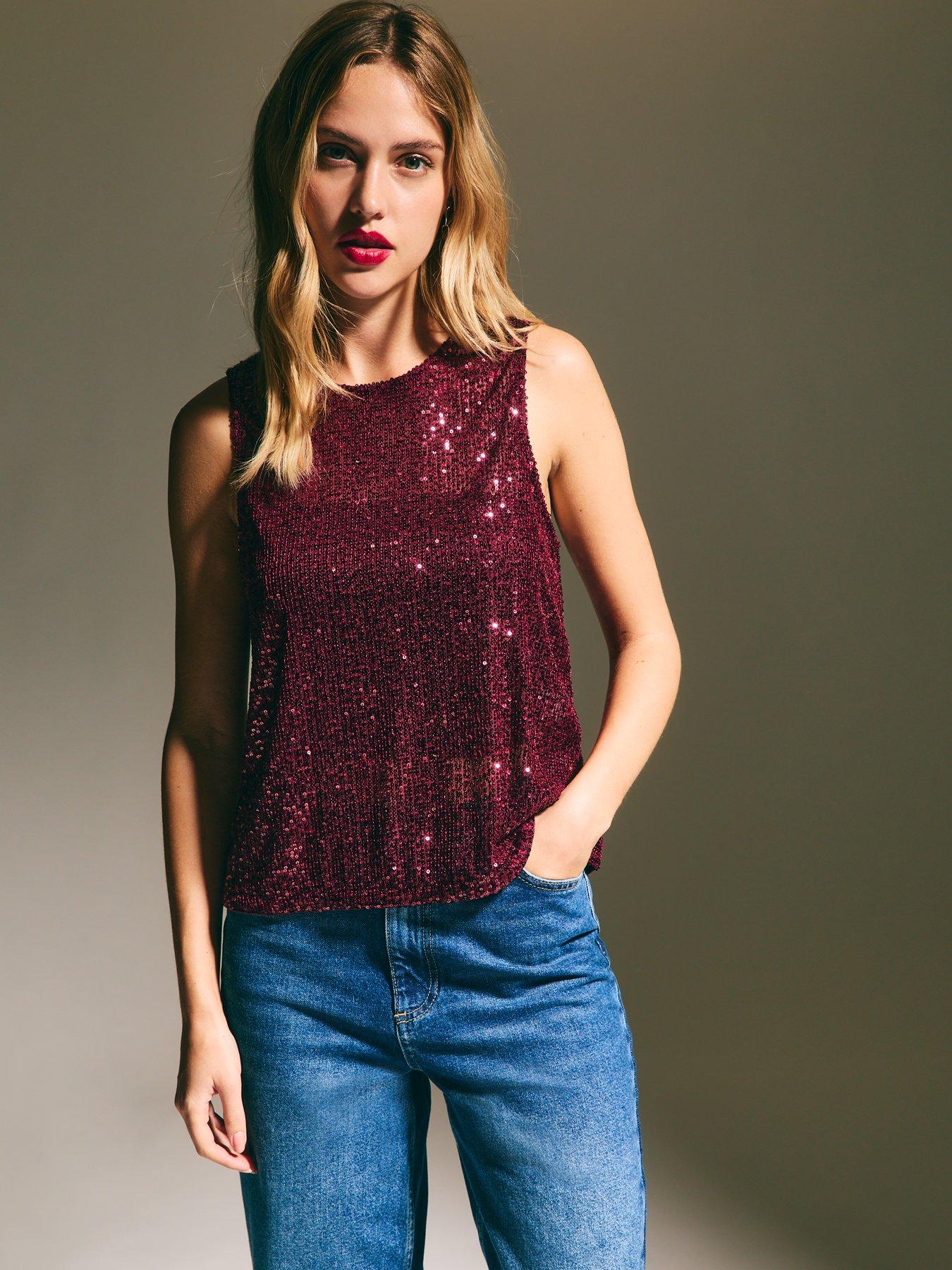 new-look-burgundy-sleeveless-sequin-top-red