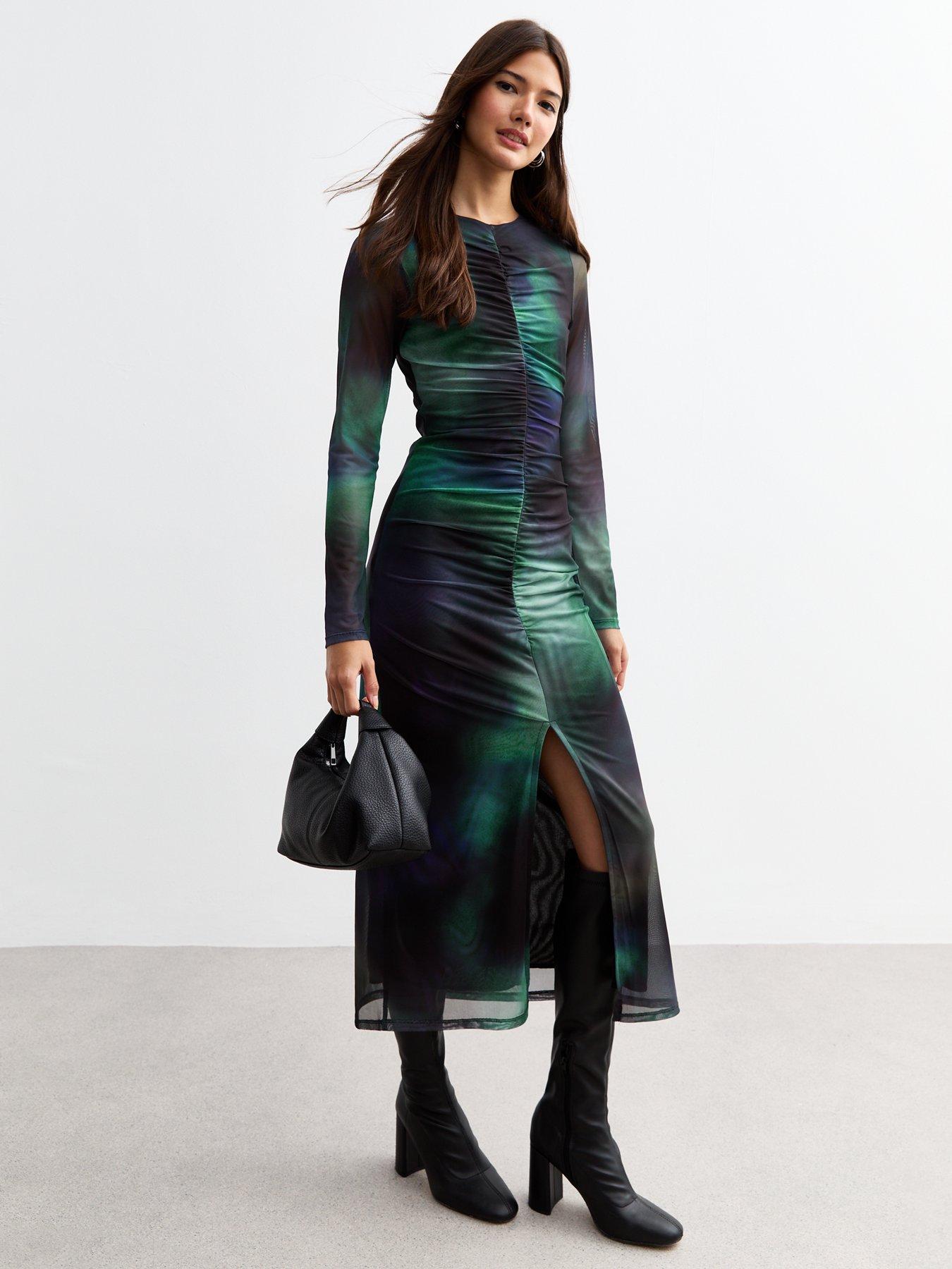 new-look-black-tie-dye-ruched-mesh-midi-dress-print