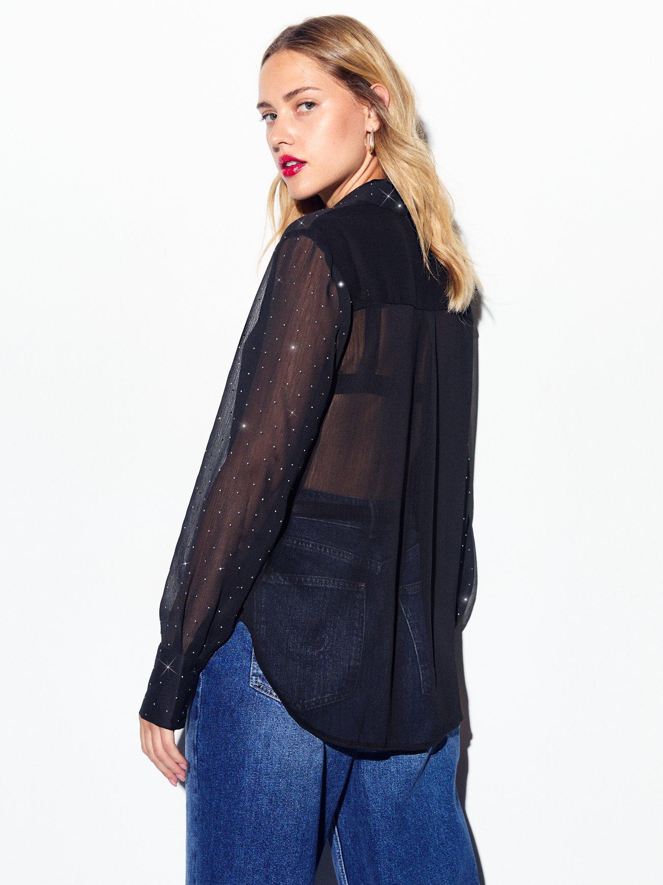 Image 2 of 6 of New Look Crystal Embellished Chiffon Shirt - Black