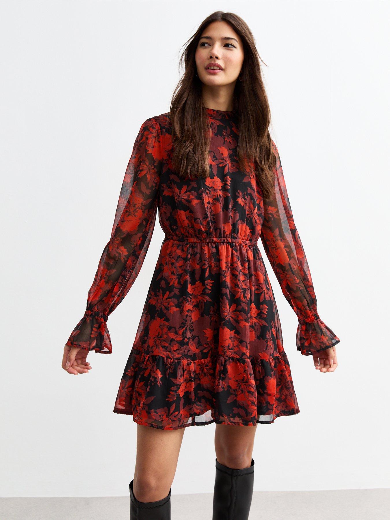 new-look-floral-chiffon-long-sleeve-mini-dress-redprint