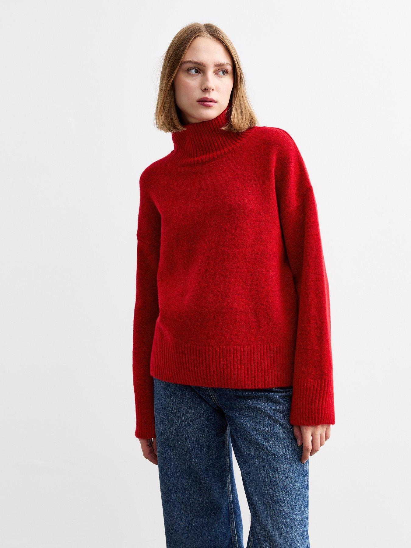 undefined Knit Stand Collar Oversized Jumper - Red