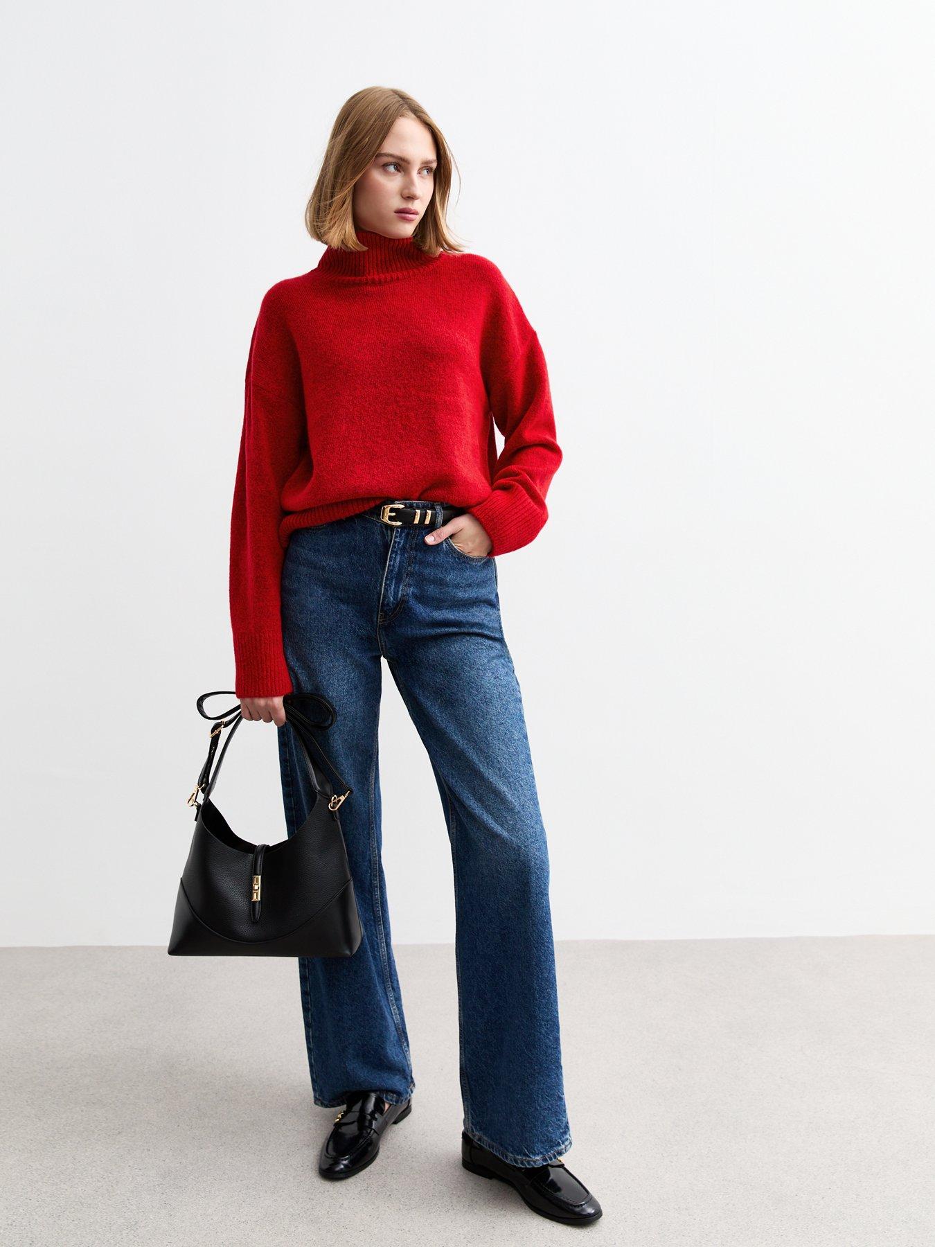 Image 3 of 5 of New Look Knit Stand Collar Oversized Jumper - Red