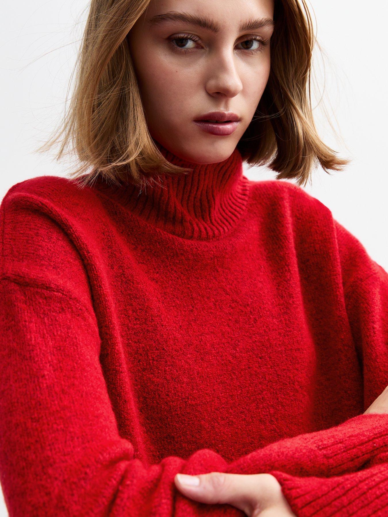 Image 4 of 5 of New Look Knit Stand Collar Oversized Jumper - Red