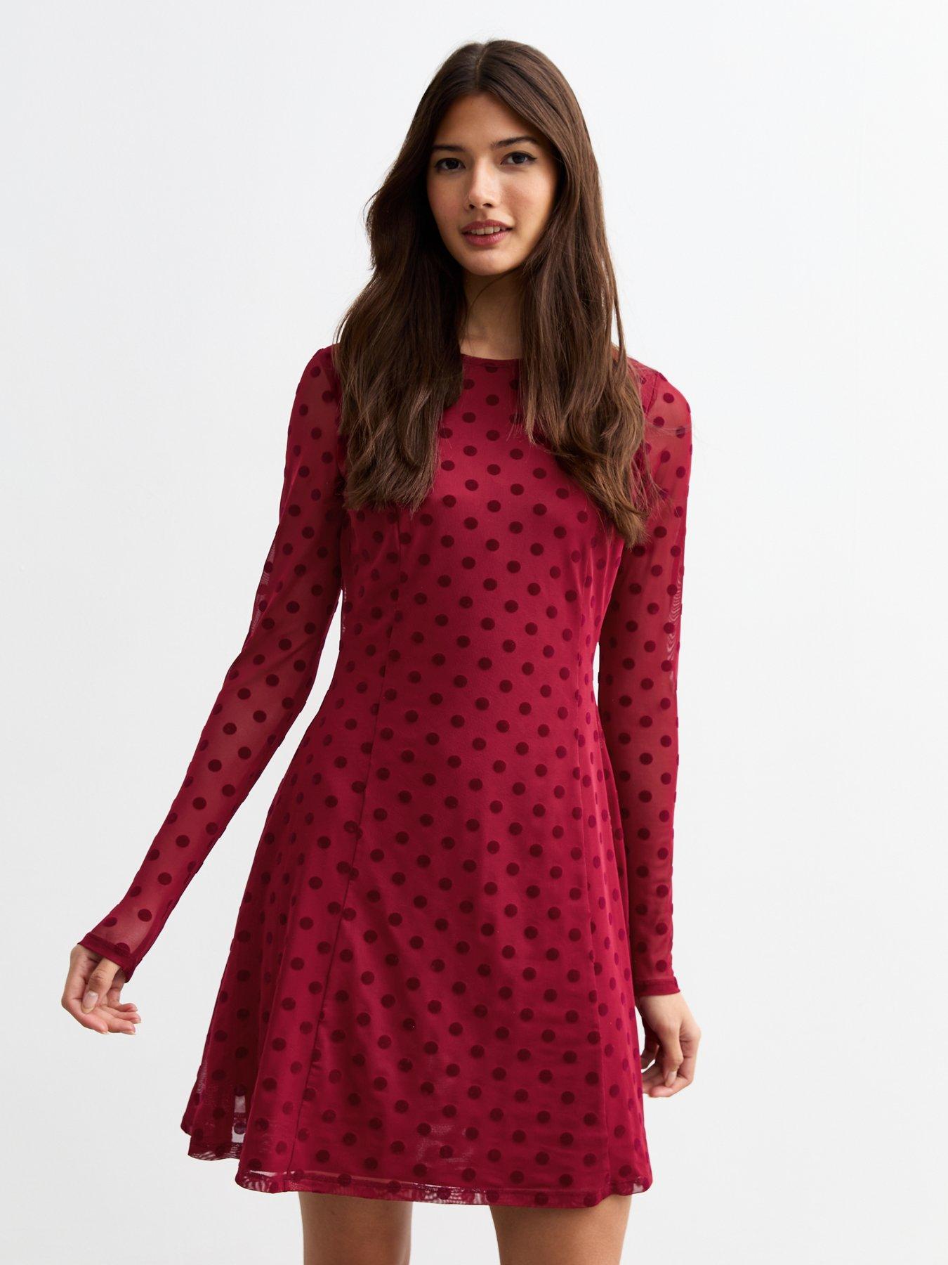 new-look-flocked-polka-dot-long-sleeve-mesh-dress-red