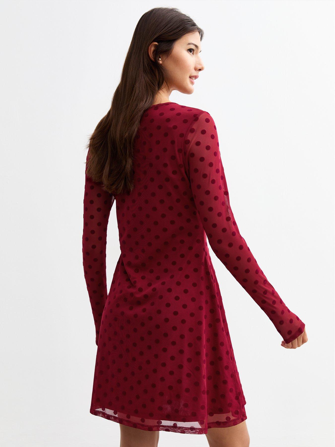 new-look-flocked-polka-dot-long-sleeve-mesh-dress-redstillFront