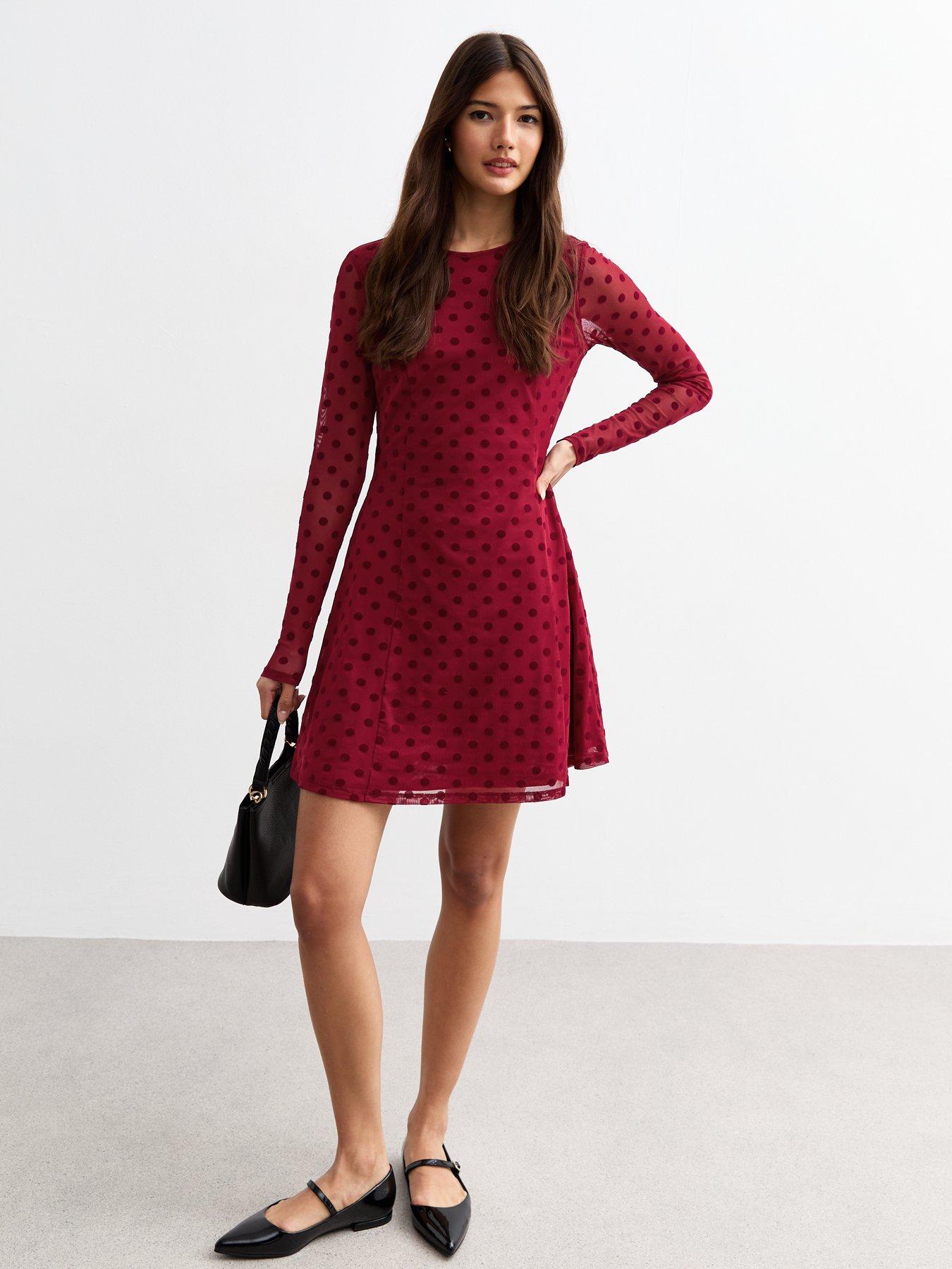 new-look-flocked-polka-dot-long-sleeve-mesh-dress-redback