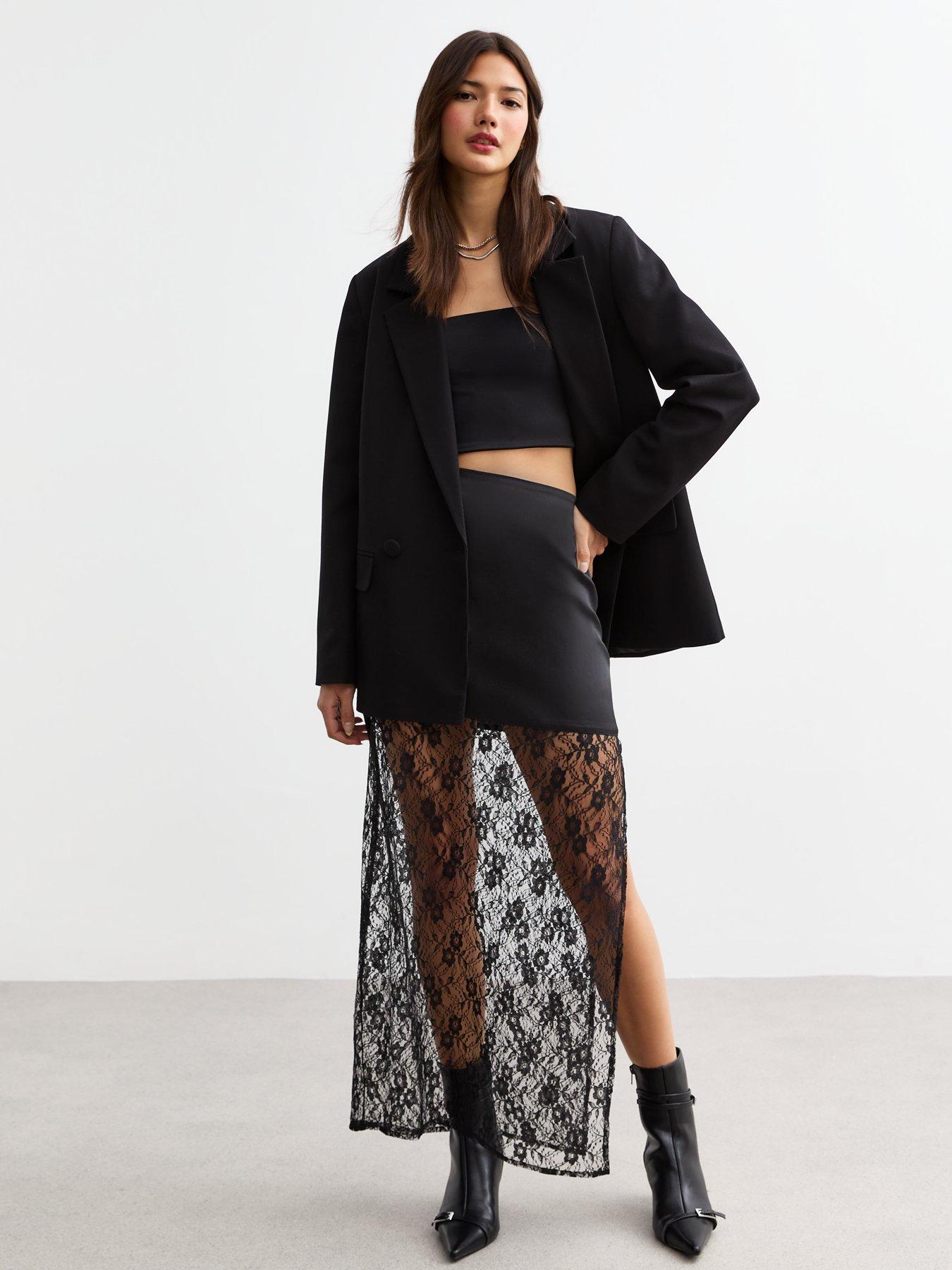 New Look Lace Trimmed Satin Midi Skirt - Black