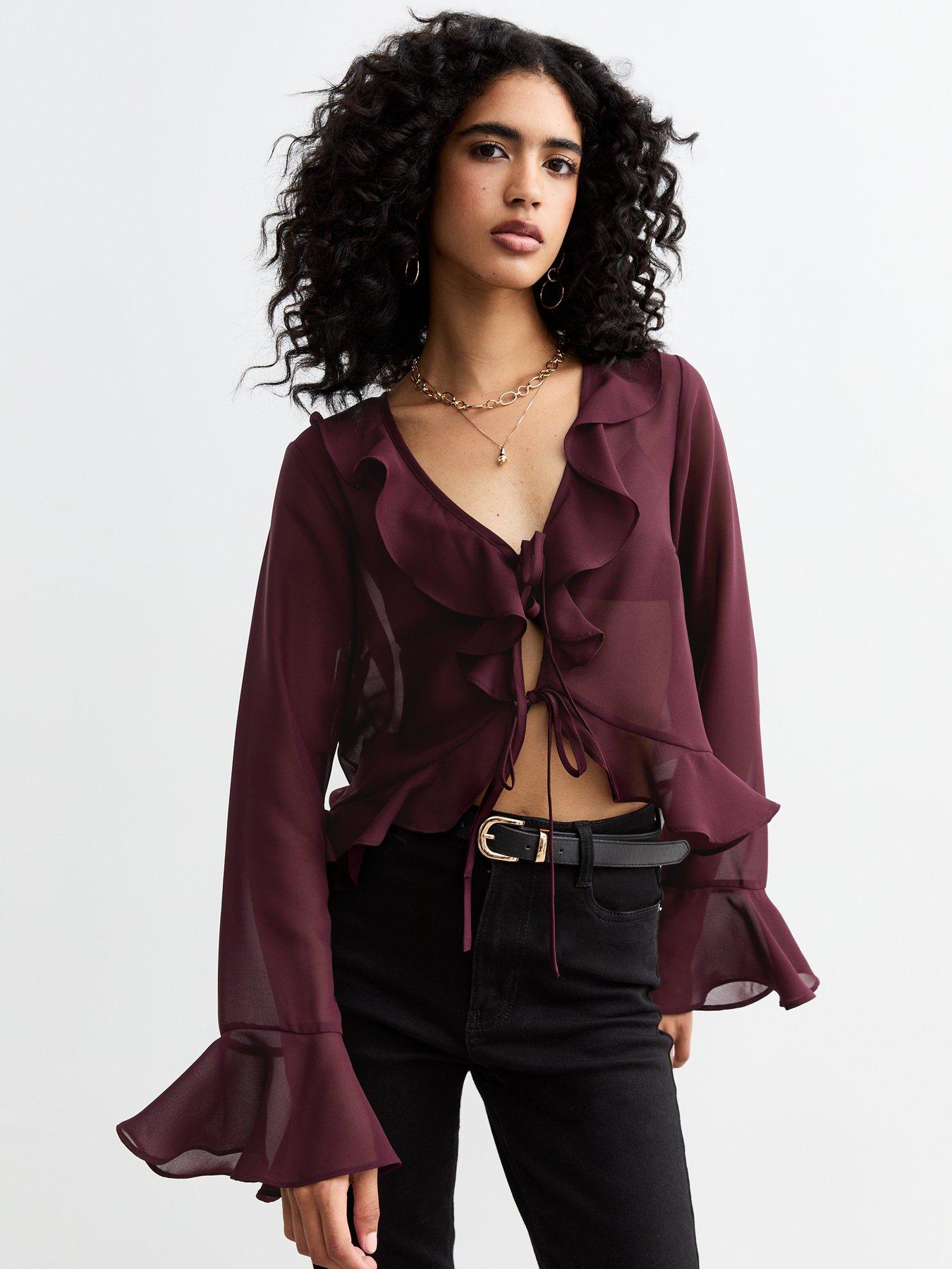 Image of New Look Ruffle Trim Tie Up Sheer Chiffon Blouse - Burgundy