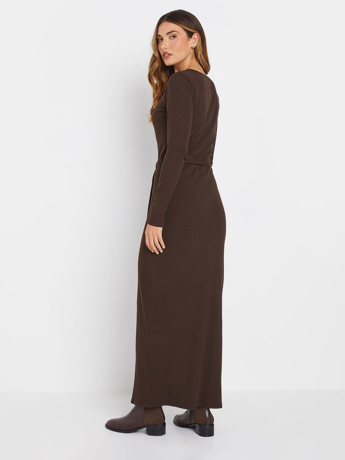 Long Tall Sally Tall Long Sleeve Ribbed Button Maxi Dress Brown