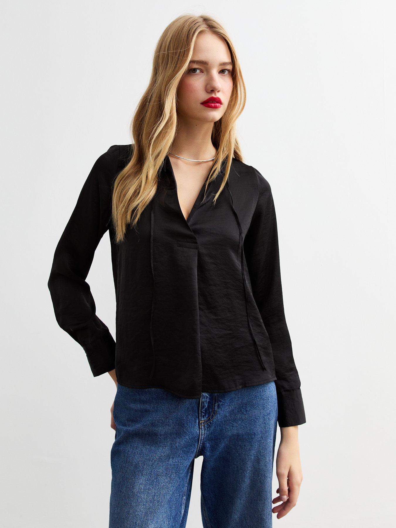 new-look-tie-neck-satin-top-blackfront