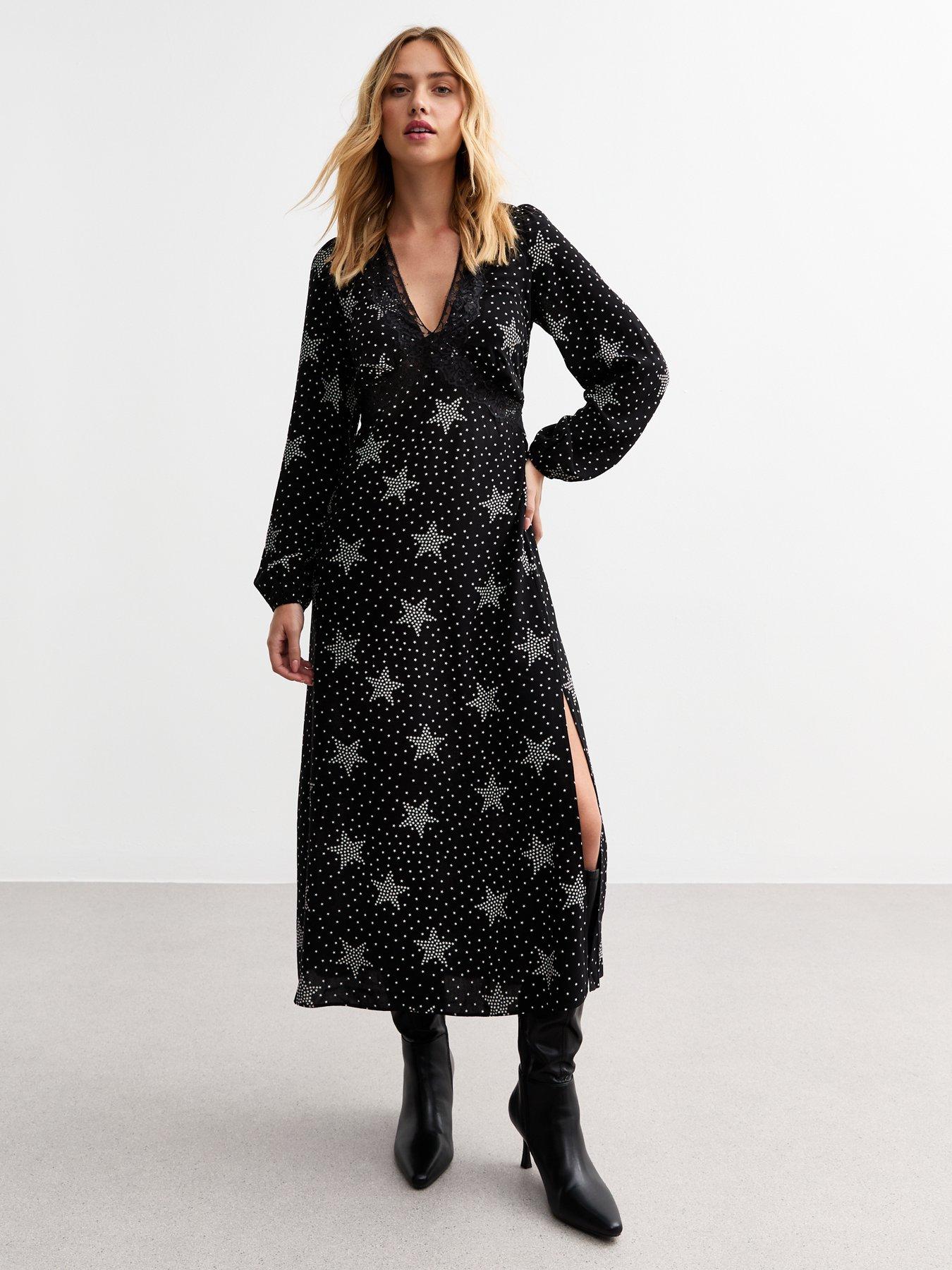 new-look-black-star-lace-trim-midi-dress-print