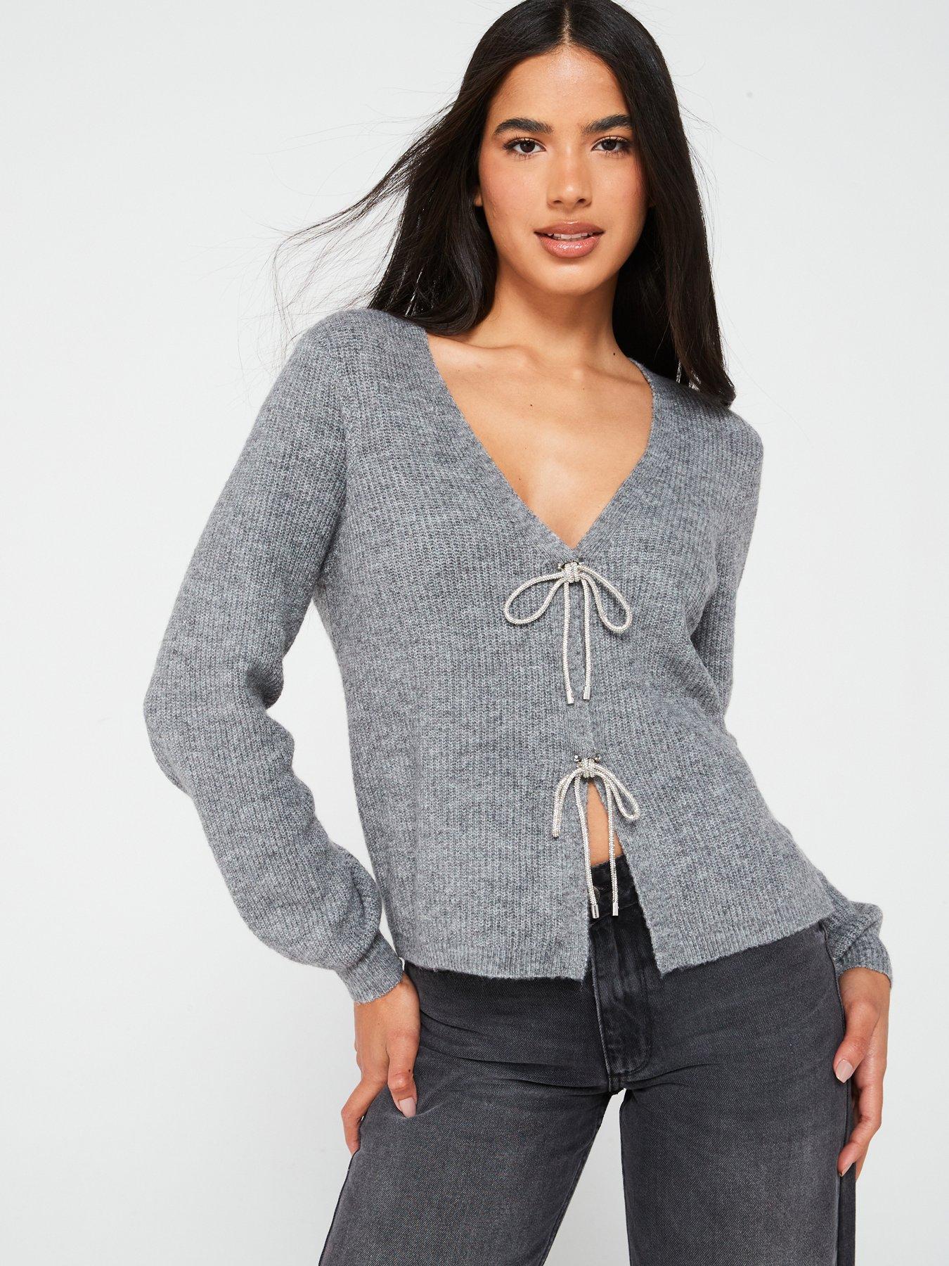 pieces-anna-glitter-bow-knit-top-grey