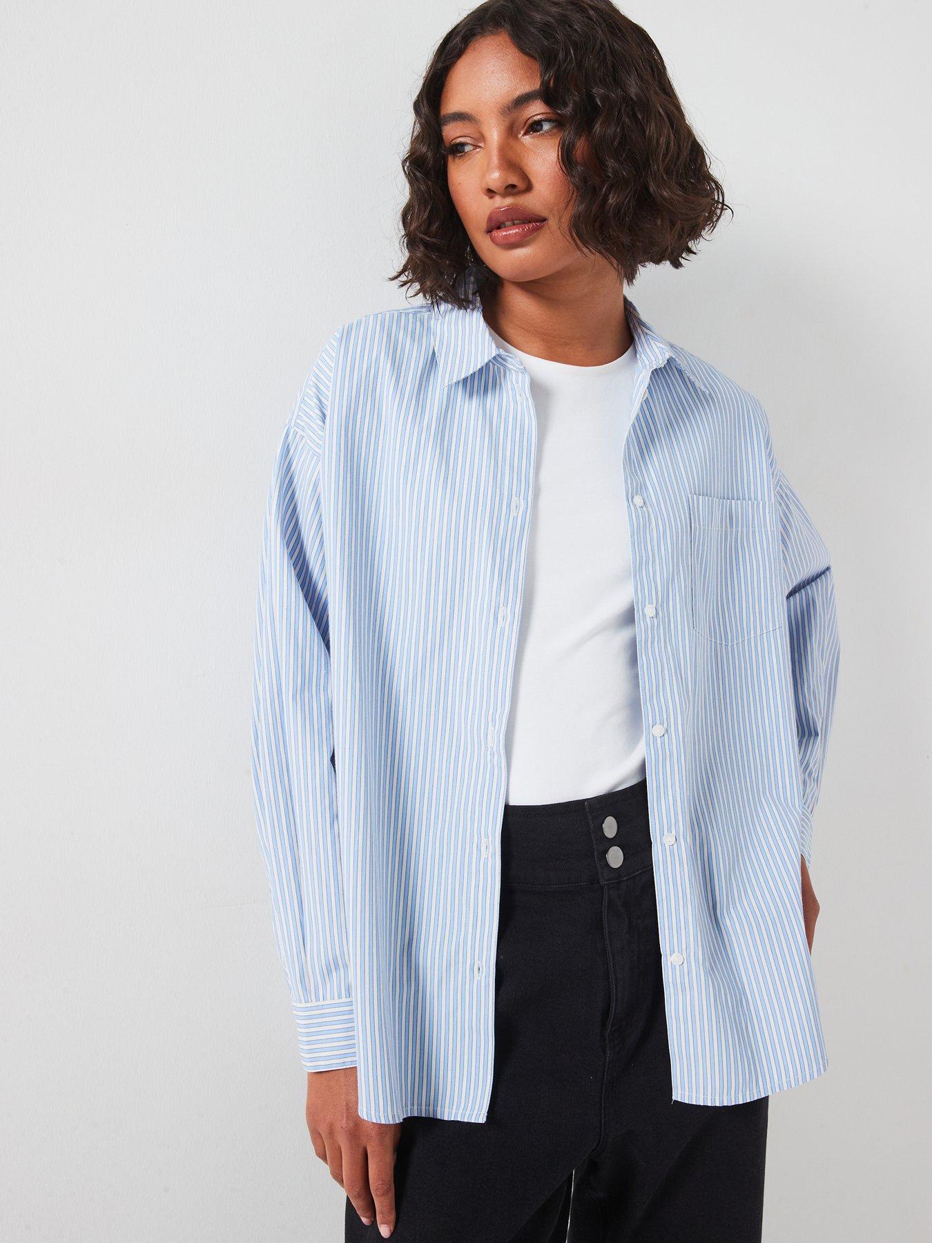 pieces-long-sleeve-loose-woven-shirt-blue