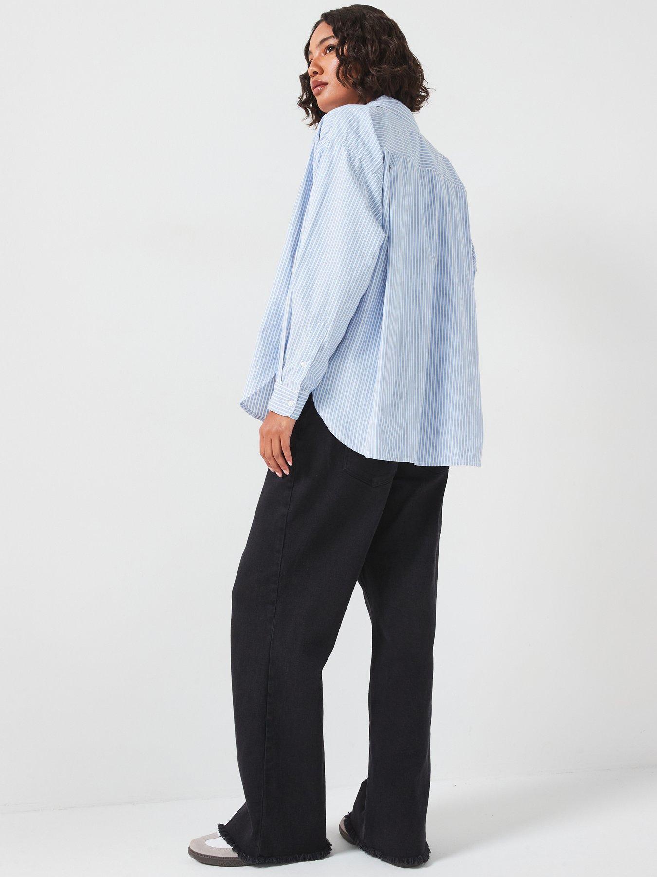 pieces-long-sleeve-loose-woven-shirt-bluestillFront