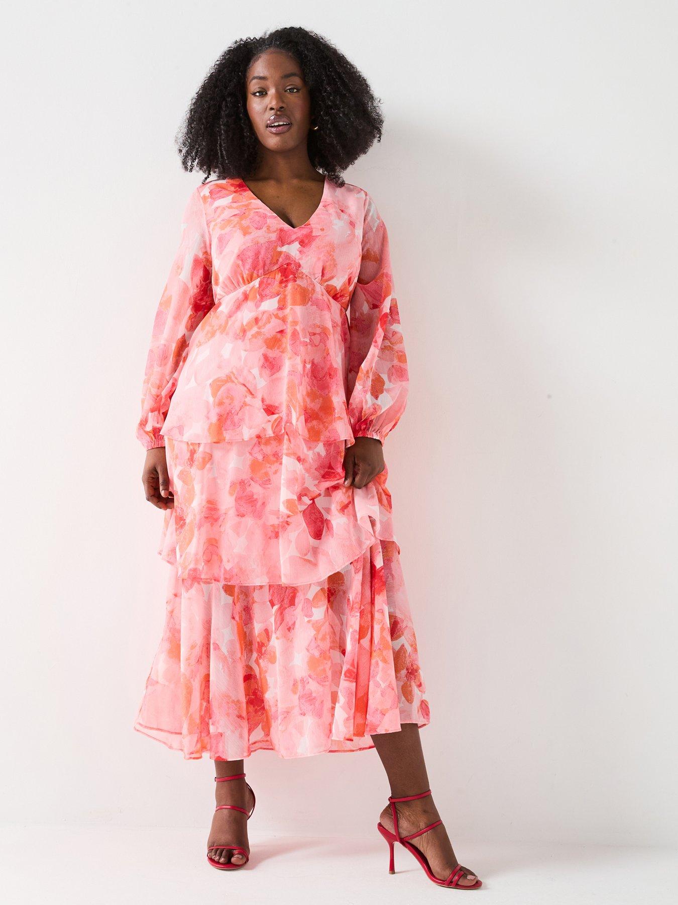 undefined Tiered Ditsy Floral Hanky Hem Midaxi Dress - Pink Print