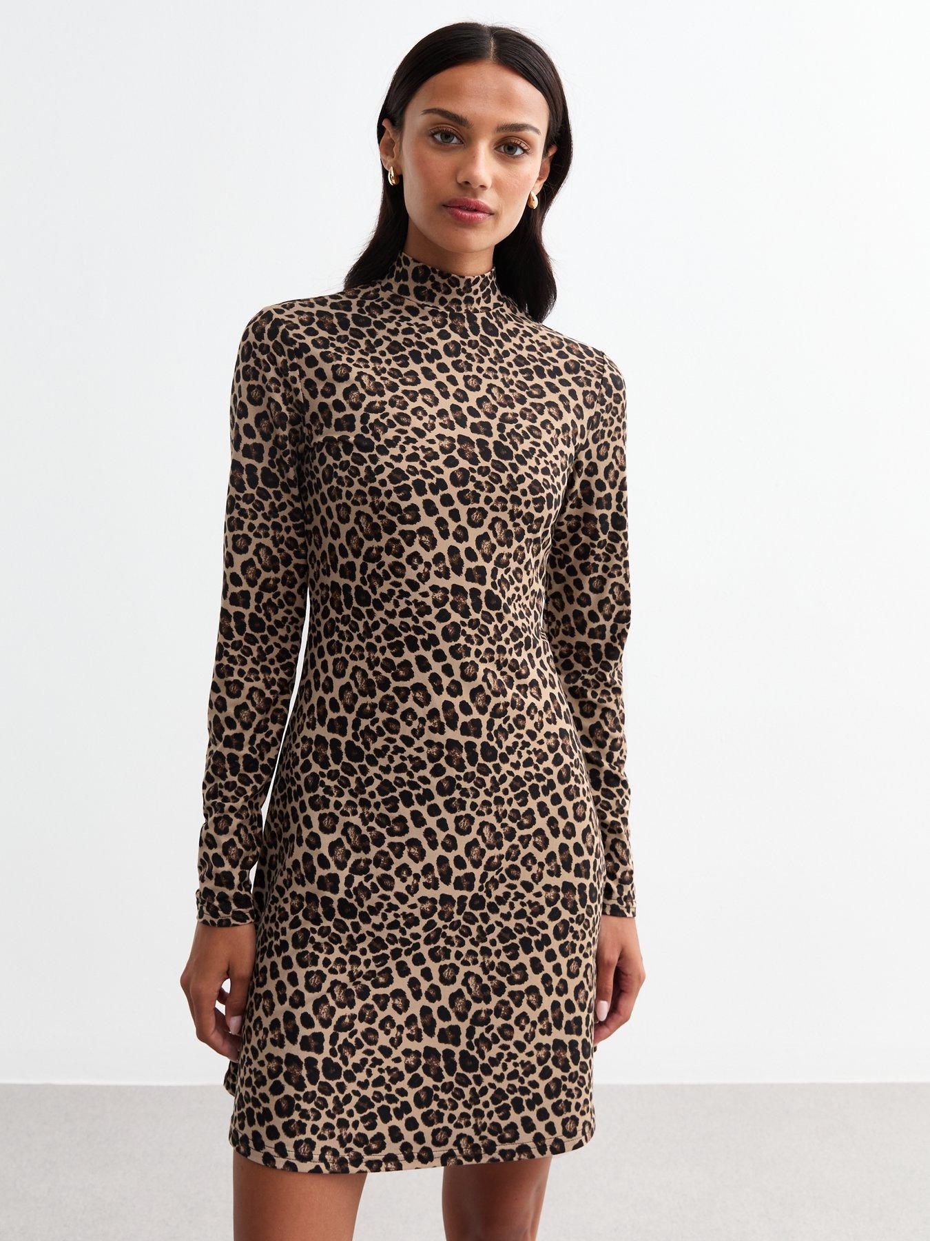 new-look-leopard-long-sleeve-mini-dress-brown