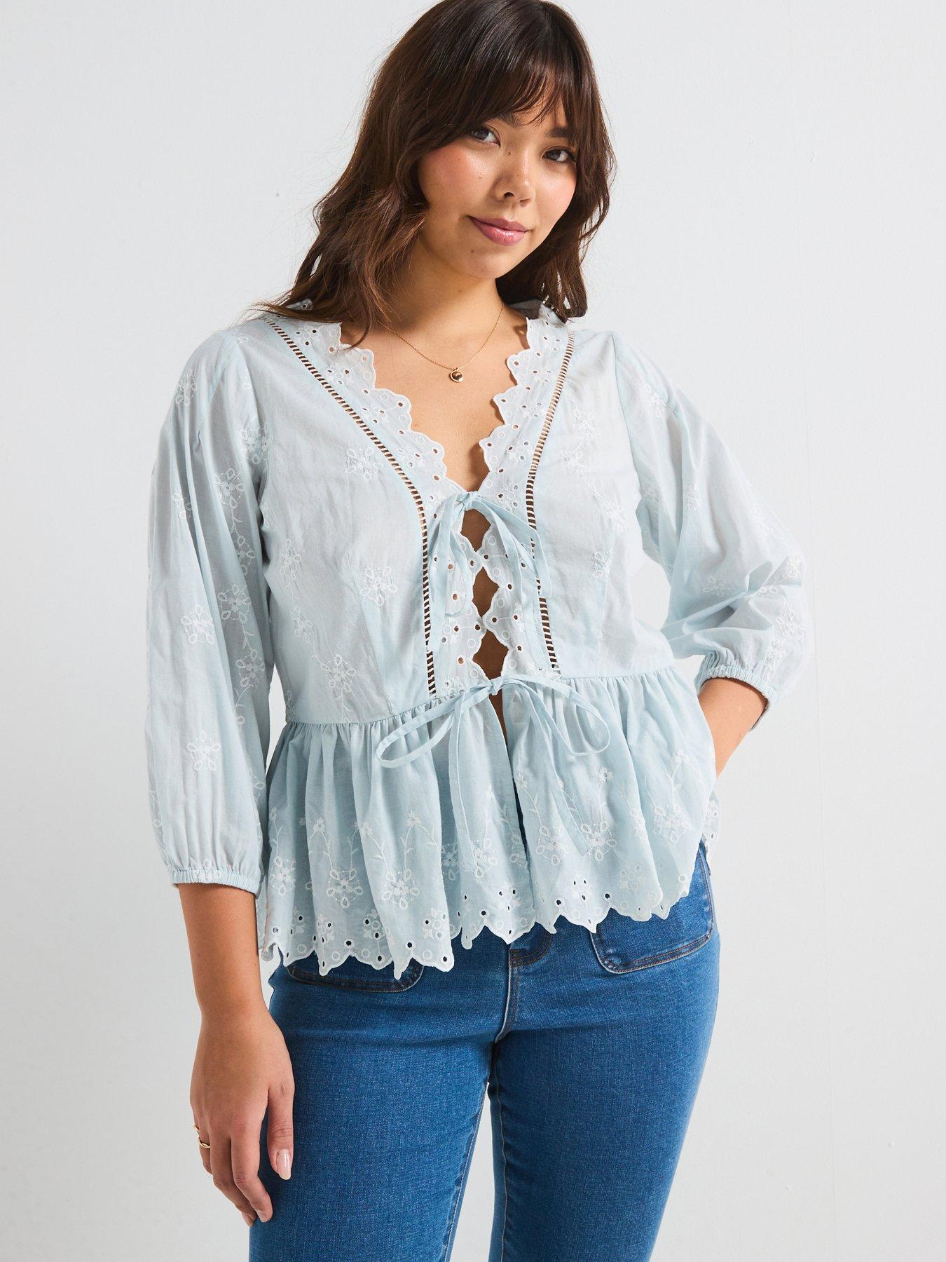 V by Very Curve Embroidered Tie Detail Blouse - Blue