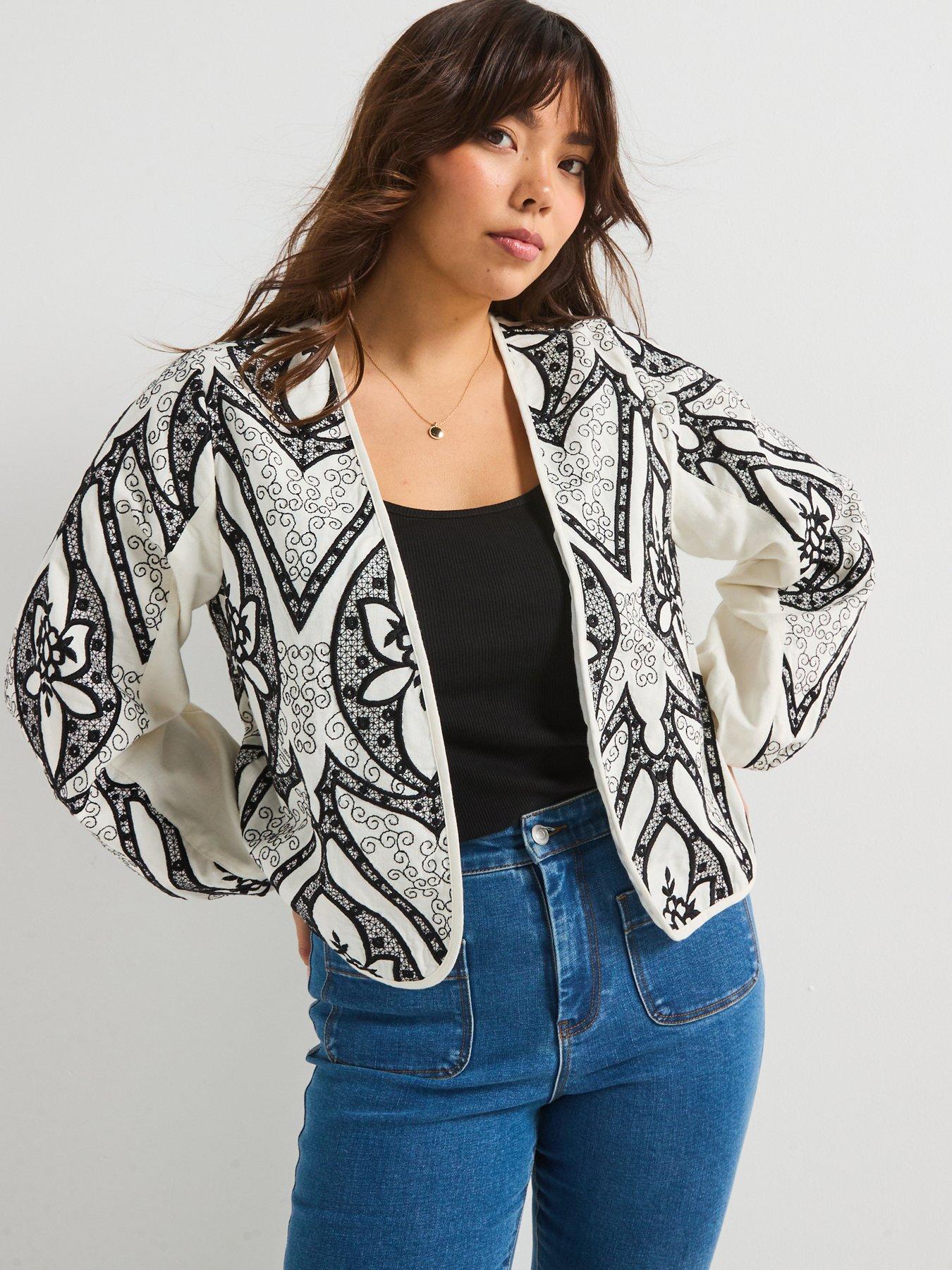 Image 1 of 6 of V by Very Curve Mono Embroidered Jacket - Black