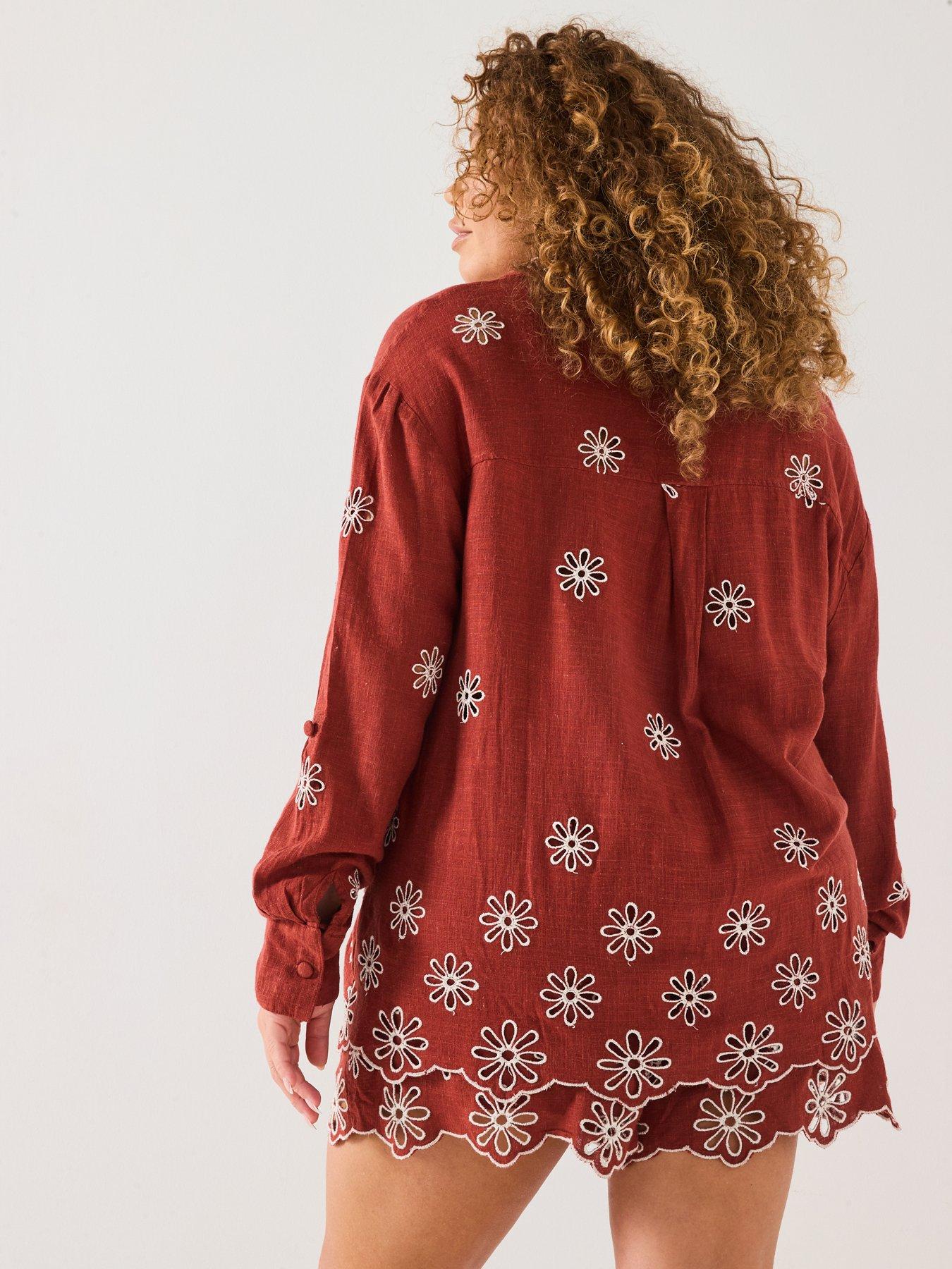 Image 2 of 6 of V by Very Curve Embroidered Floral Shirt Co-Ord - Rust