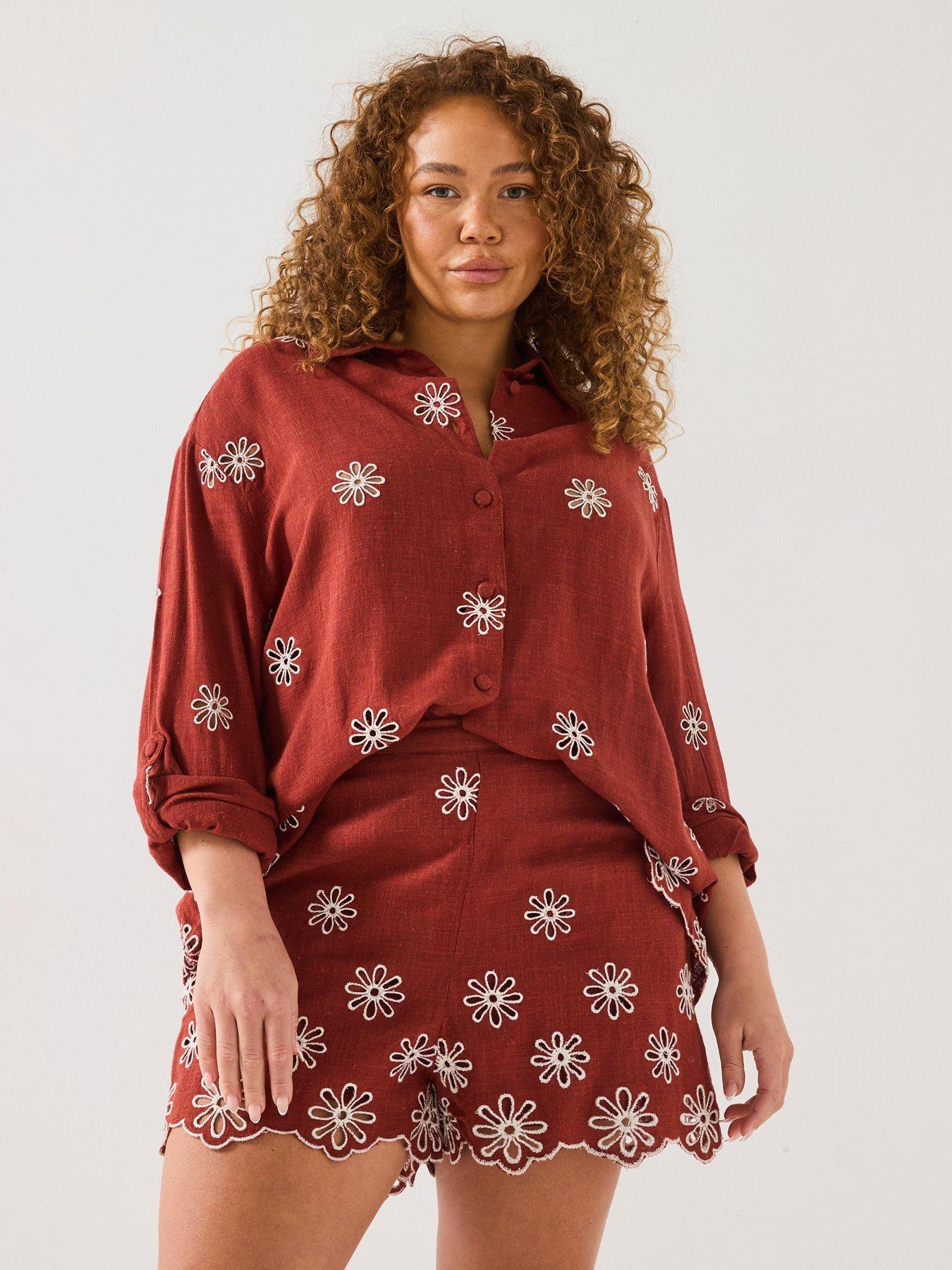 Image 6 of 6 of V by Very Curve Embroidered Short Co-Ord - Rust