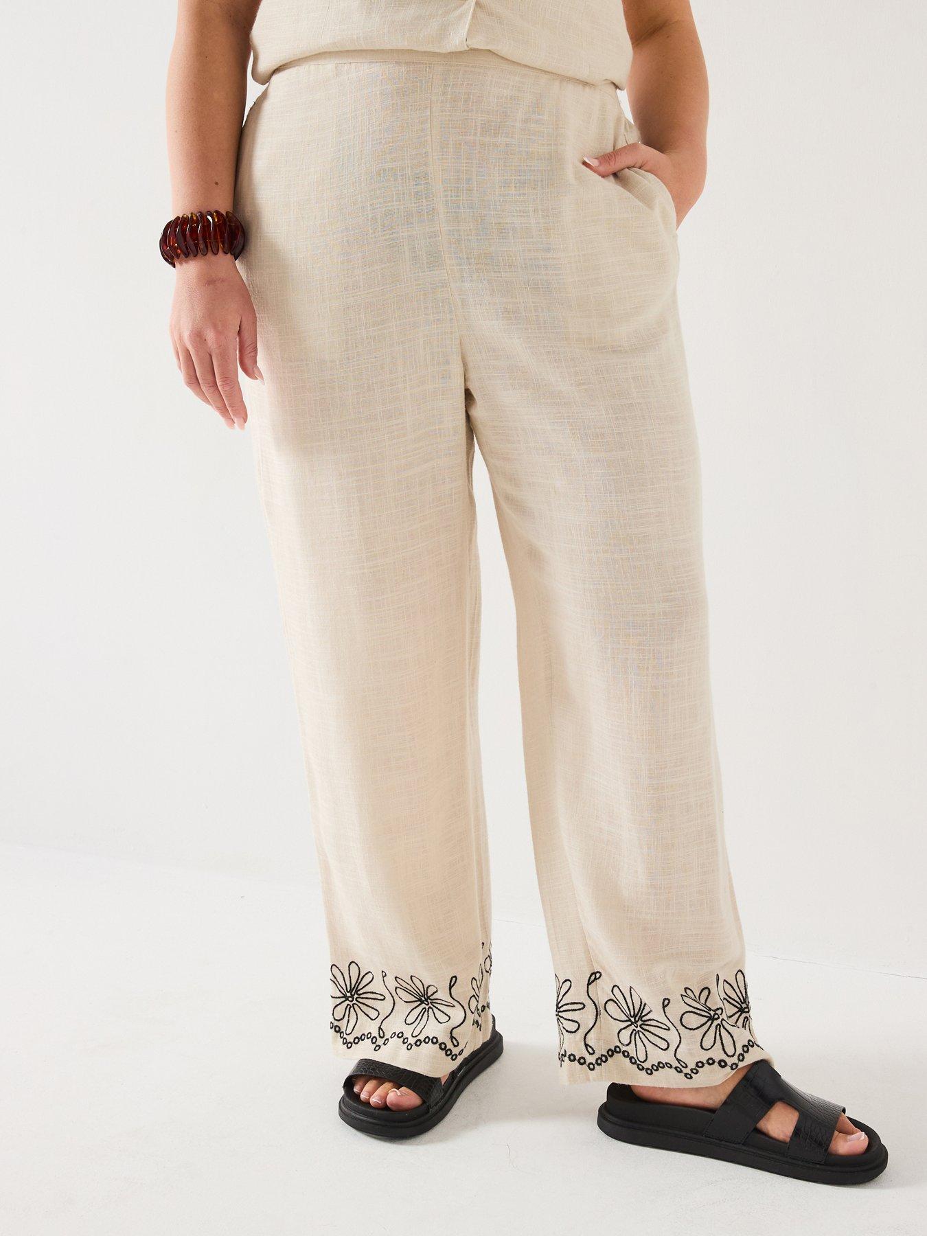 V by Very Curve Embroidered Hem Linen Mix Trousers - Beige